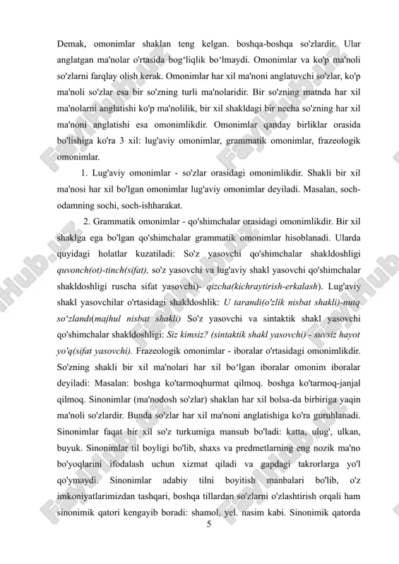 ladi: sifatlarda katta-kichik, yaxshi yomon, uzun-qisqa. - otlarda yoz qish, g'arb-sharq.tong-shom, boylik-kambag'allik. - fe'llarda bormoq-kelmoq, uxlamoquyg'onmoq kengaymoq-toraymoq. ravishlarda ko'poz.tez-sekin kecha-bugun arangbemalol antonimlarning quyidagi turlari mavjud: - leksik(lug'aviyantonimlar - so'zlarning bir-biriga zid ma'no anglatishi asosida birlashishi ya'ni zid ma'noli so'zlardir:tun-kun, bormoq kelmoq. frazeologik antonimlar - iboralar orasidagi antonimlik: oqko'ngil-ichiqora grammatik antonimlar qo'shimchalar orasidagi antonimlikdir: odobli-odobsiz, bama'no. antonimlar she'riyatda tazod ya'ni qarshilantirish san'atini vujudga keltiradi. paronimlartalaffuzi bir-biriga yaqin, ammo ma'nolari har xil bo'lgan so'zlardır. paronimlik ko'pincha orfoepiya me'yorlariga rioya qilmaslik natijasida vujudga keladi. 2.omonimlarning umumiy xarakteristikasi omonimlar ingliz tilidagi o`ziga xos til hodisalari bo'lib, ular bir-biriga o'xshash, ammo turli ma'nolarga ega bo'lgan so'zlar bilan tavsiflanadi. bu so'zlar ko'pincha muloqotda chalkashlik, so`z o`yini yoki hatto she'riy ma`noni yaratadi. omonimlar bir xil yoki oʻxshash tovushlardan tashkil topadi, lekin ularning maʼnolari sezilarli darajada farq qilishi mumkin. masalan, “rose” (gul) va “rose” (ko‘tarilishning o‘tgan zamoni) bir xil ohangda bo‘lsa-da, turli ma’nolarga ega. fonetik o'xshashlik omonimlarning asosiy …