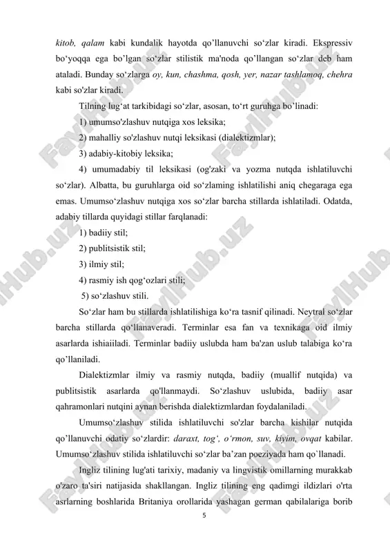 ya differentsiatsiya angliyskogo yazika v ssha» // m., 1983. 216 s. ] keyingi asrlarda ingliz tili madaniy almashinuv, savdo va kashfiyot natijasida yanada o'zgarishlarga duch keldi. uyg'onish davri klassik ta'limning tiklanishi bilan lotin va yunon terminologiyasini ingliz tiliga, xususan, fan, tibbiyot va falsafa sohalariga olib keldi. ilmiy inqilob ingliz tili leksikonini yanada kengaytirdi, yangi so'zlarni yangi kashfiyotlar va texnologik yutuqlarni tasvirlash uchun kiritdi. ingliz tili boshqa tillardan so'zlarni o'zlashtirishning uzoq tarixiga ega bo'lib, bu amaliyot bugungi kungacha o'z lug'atini boyitishda davom etmoqda. lotin va fransuz tillaridan arab va hind tillarigacha ingliz tili turli tillardan olingan so‘zlarni o‘zlashtirib, ularni fonologik va morfologik naqshlarga moslashtirgan. leksik qarz olish jarayoni turli mexanizmlar, jumladan, to'g'ridan-to'g'ri qarz olish, hisoblash va semantik kengayish orqali sodir bo'lishi mumkin. to'g'ridan-to'g'ri qarz olish xorijiy so'zlarni minimal o'zgartirishlar bilan qabul qilishni o'z ichiga oladi, masalan, italyancha “piano” yoki yapon tilidan “sushi”. boshqa tomondan, calquing “burga bozori” (fransuz marché aux puces) …