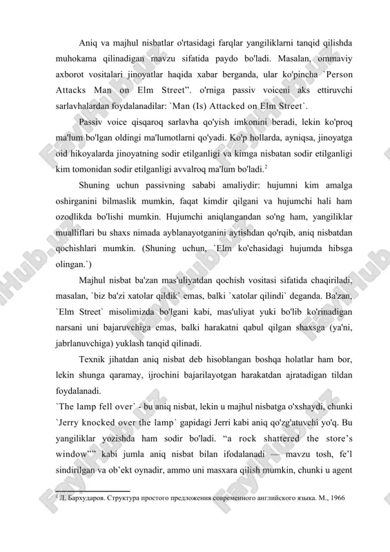 ozladim. (a.temur). mehnat insonda ijodiy kuch uyg`otadi [footnoteref:3](tafakkur jurnali). [3: m.hamrayev, d.muhamedova, d.shodmonqulova, x. g‘ulomova, sh. yo‘ldosheva. ona tili (darslik) iqtisodiyot-moliya, toshkent, 2007-yil. ] grammatikada harakat va holat tushunchasi juda keng. fe’l holat, belgining yuzaga kelishi, o`zgarishi kabi jarayonlarni ham harakat tarzida anglatadi: o`rik gulladi, yaproqlar sarg`aydi, bola uxlayapti kabi. fe’llarning barchasi bir umumiy nima kilmoq? degan so`roqqa javob bo‘ladi. fe’l o`ziga xos morfologik belgilarga ega, ya’ni: 1) ish-harakatning predmetga (to`ldiruvchiga) munosabati fe’ldagi o`timli va o`timsizlik ma’nosini hosil qiladi: o`qimoq, yozmoq - o`timli fe’l; o`tirmoq, chiniqmoq - o`timsiz fe’l; 2) ish-harakatning bajarilishi haqidagi tasdiq yoki inkorni anglashilishiga ko`ra fe’llar bo`lishli va bo`lishsizlik ma’nosini bildiradi: ayt – bo`lishli, aytma – bo`lishsiz; bilgan – bo`lishli, bilgani yo`q – bo`lishsiz fe’l; 3) ish-harakat bilan uning bajaruvchisi, obyekt va subyektlar orasidagi munosabat nisbat ma’nosini hosil qiladi: kiydi - aniq nisbat, kiyindi - o`zlik nisbat, kiyildi - majhullik nisbat, kiydirdi – orttirma nisbat; 4) ish-harakatning …