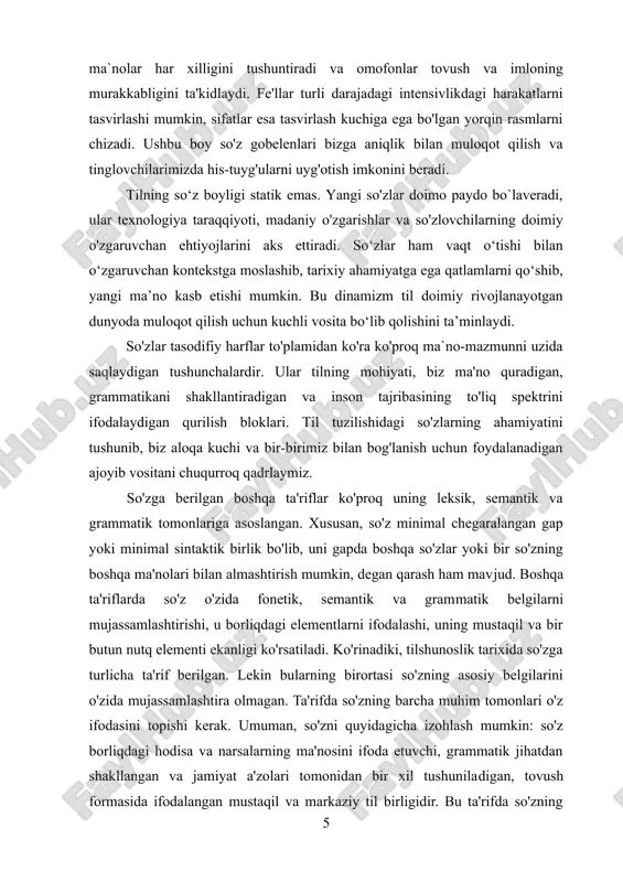 g'i kabi) sintaktik jihatdan alohida gap turlari sifatida izohlanadi. bu esa so'zning grammatik (morfologik va sintaktik) xususiyatlarini ko'rsata olsa ham, uning ta'rifida morfema yoki gapga asoslanish mumkin emasligini ko'rsatadi. chunki so'z strukturasi semantik jihatdan ma'noli qismlarga bo'linish xususiyatiga egadir. to'g'ri, bir morfemadan tashkil topgan so'zlar boshqa qismlarga bo'linmaydi. masalan, u, tosh, bosh, yo'l kabi. biroq tildagi ko'pgina so'zlar ma'noli qismlarga bo'lina oladi va ular bir necha morfemalarning ulanishidan tashkil topadi. masalan, toshloq, boshliq, boychechak, gulsafsar, qoidali kabilar. bunday bir morfemali va ko'p morfemali so'zlarning o'zagi mustaqil ma'noga ega bo'ladi. demak, so'z mustaqil ma'noga ega bo'lgan birlikdir. lekin bunday qarash hamma tillarga ham to'g'ri kelavermasligini yuqorida aytib o'tdik. o'zbek, rus, ingliz, nemis, fransuz, ispan va boshqa ko'p tillarda so'z mustaqil birlik hisoblanadi. uning mustaqilligi alohida olinganda ham, turli ma'nolarni ifodalashida va ba'zan fikr ifodalovchi gap holida kelishida ko'rinadi. so'z butun birlik sifatida so'z birikmalaridan farq qiladi. so'z zanjirsimon ulanib ketgan qismlar …