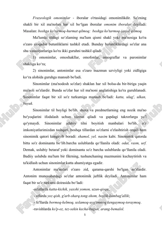 'shliq-bo'shlik, ahl-ahil yondoshyondash. otalik-otaliq[footnoteref:2]. [2: tursunov u., muxtorov j. hozirgi o’zbek adabiy tili. – t., 1975, -b.86; ] paronimlarni so'z variantlaridan farqlash lozim. bir so'z ikki xil shaklda yoziladi va bu imloviy xato hisoblanmaydi. ular o'zaro sinonim yoki paronim emas, bir so'zning variantlari sanaladi. 2. sinonimlar va ularning xususiyatlari o'xshash ma'noga ega bo'lgan sinonimlar, so'zlar yoki iboralar tilning muhim jihati bo'lib, ular muloqot, yozish va tushunishni boyitadi. sinonimlarning asosiy xususiyatlarini tushunish ularning kuchidan samarali foydalanish uchun juda muhimdir. sinonimlarning asosiy xususiyati ularning ma’no jihatdan o‘xshashligidir. sinonimlar ma'no jihatidan bir xil bo'lmasa-da, ular ma'lum kontekstlarda bir-birining o'rnida ishlatilishi uchun etarlicha semantik o'xshashlikka ega. sinonimlar o'xshash tushunchalarni bildiradi, bu ma'ruzachilar va yozuvchilarga o'z xabarlari uchun eng mos atamani tanlash imkonini beradi[footnoteref:3]. [3: xamitovna, t. n. (2022). soʻzlarning shakl va ma'no munosabatiga ko'ra turlari. ijodkor o'qituvchi, 2(24), 284-285. ] sinonimlar qoʻllanish kontekstiga qarab, qoʻllanish, registr va maʼno jihatidan farq qilishi mumkin. ba'zi sinonimlar …