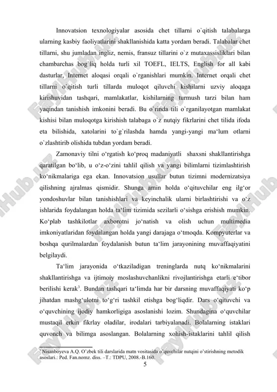 lar sevgi va g'amxo'rlikni kutishadi · ular boshqalarning qattiqqo‘lligini yomon ko‘radilar; ular erkinlikni afzal ko'radilar. · bolalar o'z yosh guruhlari bilan aralashishni yaxshi ko'radilar. · bolalar ma'lumotni batafsil bilishga intiluvchan bo'ladi. · bolalar o'qituvchidan mehribon va g'amxo'r bo'lishini kutishadi. · o‘qituvchining qiynaydigan xatti-harakatlaridan nafratlanadilar. o'quv faoliyati bolalarning e'tiborini jalb qilishi kerak. eng mos harakatlar bolalarning diqqatini darslarda yetarlicha ushlab turadi va kerakli ta'lim natijasini keltirib chiqaradi. dars jarayonida mashqlarning ahamiyati hsulardan iborat: · ular diqqat doirasini oshiradi. · ular ishtirok etishdagi ikkilanishni yo'q qiladi. · o'z-o'zini namoyon qilish imkoniyati yuzaga keladi; · bolalar ekstrovertga aylanadi. · salbiy munosabat va ruhiy tushkunlik kamayadi. · kutilayotgan ta'lim natijasi osonlik bilan amalga oshiriladi. · quvonchli tajribalarni oshiradi. o'quv faoliyatini rivojlantirishda bolalarning xohish-istaklari, qiziqishlari, intilishlari, munosabat, joziba, ichki motivatsiya, his-tuyg'ular va his-tuyg'ularni hisobga olish kerak. 2.chet tili ta’limida o’quv topshiriqlarining ahamiyati keyingi yillar davomida ta’lim muassasalarida o‘quvchi va talabalarga chet tillarni innovatsion yondashuvlar va …