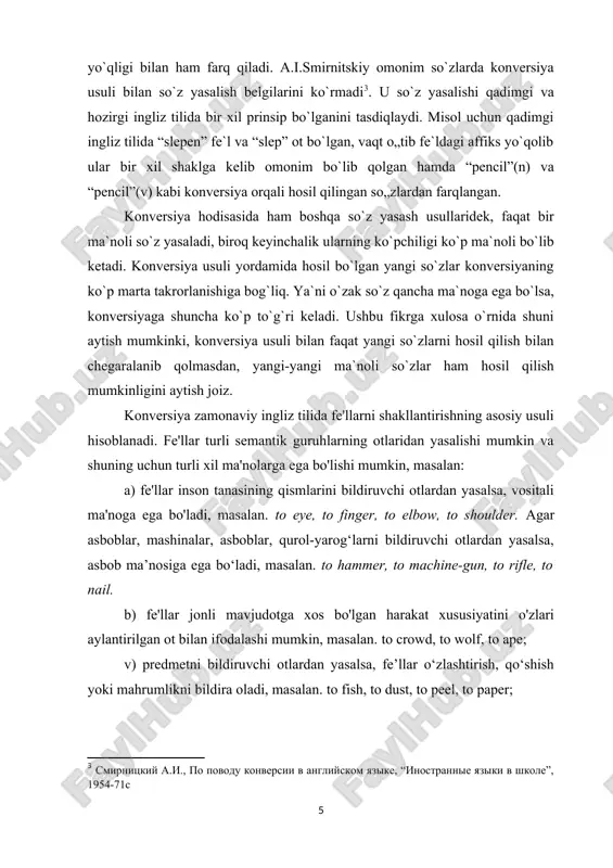 n fe'l bilan ifodalangan ish-harakatning vakili, masalan. a help, a flirt, a scold; d) ot aylantirilgan fe'l bilan ifodalangan ish-harakatning predmeti yoki natijasi, masalan. a burn, a find, a purchase; e) ot aylantirilgan fe'l bilan ifodalangan harakat joyi, masalan a drive, a stop, a walk. fe'llardan o'zgartirilgan ko'plab otlar faqat birlik shaklida qo'llanilishi mumkin va momentli harakatlarni bildiradi. bunday hollarda biz qisman konversiya qilamiz. bunday so‘zlovchi otlar ko‘pincha kabi fe’llar bilan qo‘llaniladi: to have, to get, to take etc., e.g. to have a try, to give a push, to take a swim . demak, konversiya hodisasi har ikki tilda ham so`z yasash usullaridan biri hisoblanadi va so`z bir turkumdan boshqa so`z turkumiga o`zgarishsiz ko`chadi. ingliz tilida bu unumli so`z yasash usuli hisoblansa, o`zbek tilida u unumli emas. konversiyaning har ikki tilda ham keng tarqalgan ko`rinishlari otlashish, sifatlashish, fe`llashish hisoblanadi. 2.konversiya zamonaviy ingliz tili leksikasini kengaytirishning samarali usuli sifatida har qanday …