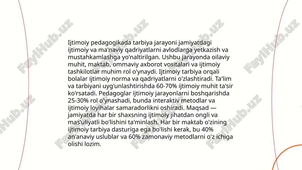shuningdek, o'zaro hurmatni shakllantirish bu jarayonni yengillashtiradi. rollarni to'g'ri taqsimlash orqali ziddiyatlarni 40% ga kamaytirish mumkin. konfliktlarni boshqarishning muvaffaqiyatli o'rganilgan usullari, masalan, mediatsiya kurslari taklif qilish, ziddiyatlarni samarali boshqarish imkonini beradi. tajribali yetakchilarni jalb etish va o'rgatuvchi seminarlar o'tkazish orqali jamoalar 30% ko'proq ishlashi mumkin. axborotni baham ko'rish va tahlil qilish jarayonlarini optimallashtirish orqali, guruh a'zolari 45% ko'proq hamkorlik qilishi mumkin. ... t.me/slaydai_bot ijtimoiy pedagogikaning metodlari ijtimoiy muhitdagi tarbiyaviy jarayonlarni o‘rganishga qaratilgan. bu metodlar quyidagilarni o‘z ichiga oladi: suhbat va intervyular, kuzatish, eksperiment, loyiha metodi, test va anketa atrofida ma'lumotlarni yig‘ish. shuningdek, statistik ma'lumotlarni tahlil qilish, guruh muhokamalari o'tkazish ham dolzarb ahamiyatga ega. har bir metod ijtimoiy jarayonlar va muammolarni chuqur anglash imkonini beradi. masalan, kuzatish usuli real hayotiy vaziyatlarni tahlil qilishga yordam beradi, suxbatlar orqali esa insonlarning individualligi va shaxsiy tajribalari o‘rganiladi. ushbu metodlar orqali ijtimoiy pedagoglar yoshlar va kattalarning o'zaro bog'liqligini, ular qanday ijtimoiy ta'sir chanoklarini boshdan kechirayotganini …