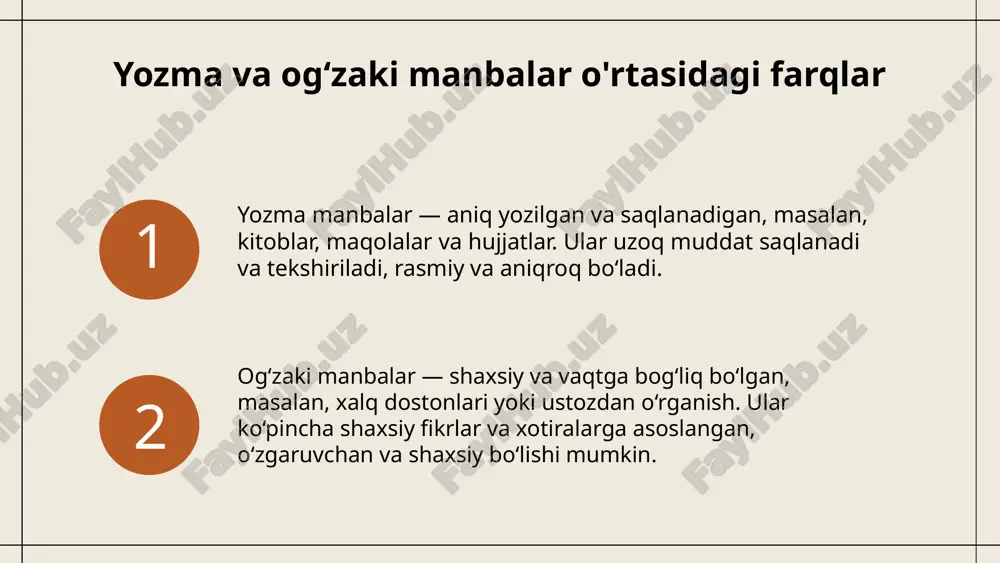 yatlarini va dunyoqarashini aks ettiradi. rivojlanish jarayoni: zamonaviy texnologiyalar, yozma manbalar, yosh avlodning madaniyatga qiziqishi, xalq an'analarining saqlanib qolishi uchun muhim qadamlar. yozma manbalar: rasmiy va doimiy; og'zaki manbalar: o'zgaruvchan va dinamik. madaniyatga ta'siri katta bo‘lib, yozma manbalar rasmiy va aniq, og'zaki manbalar esa shaxsiy va o'zgaruvchan. har ikkisining madaniyat va tarbiya rivojiga o'z o'rni bor. yozma va og'zaki manbalar o'rtasidagi farqlar photo by katelyn perry on unsplash keng tarqalgan yozma manbalar og'zaki manbalarning noaniqligi yangi texnologiyalar bilan arxivlash manbalar yo'qolishi yoki buzilishi yozma manbalar keng tarqalgan va aniq, tarixiy va madaniy ma'lumotlarni saqlashda muhim rol o'ynaydi. og'zaki manbalar noaniqligi va noto'g'ri saqlanishi mumkin, bu esa ularning ishonchliligini kamaytiradi. yangi texnologiyalar yordamida yozma va og'zaki manbalarni arxivlash va saqlash imkoniyati kengaydi. manbalar buzilishi, yo'qolishi yoki noto'g'ri saqlanishi ularning mavjudligini va ishonchliligini tahdid qiladi. s w o t yozma va og'zaki manbalar: kelajak istiqbollari yozma manbalar: raqamli davrda o'zgarishlar raqamli texnologiyalar …