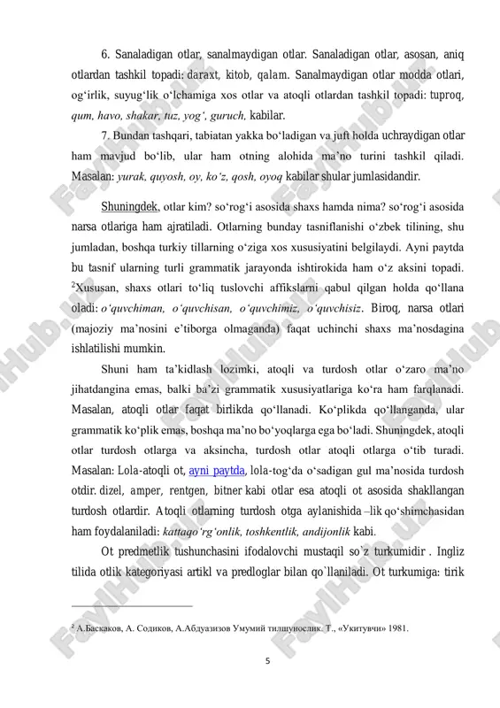 ttributes and predicatives in the sentence) otni boshqa so`z turkumlaridan farqlovchi tashqi structural va leksiko – grammatik (morfologik, sintaktik va leksiko – grammatik) belgilari mavjud. (noun determiners are devided into three main groups: morphological, lexico – grammatical determiners). 4 morfologik belgilar (morphological determiners) otning grammatik kategoriya formalarini yasovchi morfema va allomorfemalardan iborat bo`lib, sanaladigan otlarning ko`plik formasini yasovchi –(e)s, -en va otlarda qaratqich kelishigini yasovchi tutuq belgili `s shular jumlasidandir.  boy – boys bola – bolalar  girl – girls qiz bola – qiz bolalar  book – books kitob – kitoblar  ox – oxen buqa – buqalar  karim`s book – karimning kitoblari  box- boxes quti – qutilar 3 x.ne'matov, o.bozorov til va nutk. t., «ukituvchi» 1993. 4 sh. shoabduraxmonov, m.askarova, a.xojiev, i.rasulov, , x.doniyorov xozirgi њzbek adabiy tili. t., «ukituvchi» 1980. 7 sintaktik belgilari (syntactic determiners) ot boshqa so`zlar bilan munosabtga kirishganda namoyon bo`luvchi va …