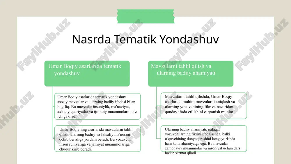 jlanishida muhim qadam bo'ldi. ushbu slideda o'zbek nasrida poetikaning asosiy xususiyatlari, jumladan, til va uslub, obrazlar va tematik yondashuvlar ko'rib chiqiladi. umar boqiyning nasrdagi badiiy uslublari hamda uning ijodiy merosi nasrning badiiy va estetik imkoniyatlarini kengaytirishga xizmat qilgan. bu esa o'zbek adabiyotining rivojlanishida muhim rol o'ynagan. umar boqiy asarlarining tahlili umar boqiy asarlaridan amaliy namunalar keltiriladi. har bir asarning badiiy jihatlari va o'ziga xos xususiyatlari haqida qisqacha ma'lumot beriladi. asar namunalari umar boqiyning asarlaridan namunalar, ularning badiiy jihatlari va yozuv uslublari haqida qisqacha ma'lumot. badiiy xususiyatlar umar boqiy asarlarida yozuv uslubi, tilning boyligi va ifoda usullari muhim o'rin tutadi. uning asarlarida badiiy uslub va estetik tafakkur namoyon bo'ladi. xususiyatlar tahlili har bir asarda badiiy unsurlar, tematik yondashuvlar va yozuv texnikasi tahlil qilinadi, bu esa uning adabiy merosining boyligini ko'rsatadi. amaliy misollar misol uchun, uning hikoyalaridan biri – natija umar boqiy asarlarining tahlili uning yozuv madaniyatini, estetik tafakkurini va adabiy uslublarini …