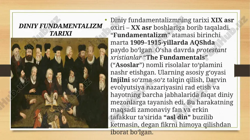 qacha fikrlovchilarni dushman deb ko‘radi. 4. milliy radikalizm – bir millatning ustunligini da’vo qilib, boshqa millatlar huquqini kamsitadi. terrorizm haqida tushuncha va uning tarixi terrorizm — bu siyosiy, diniy yoki mafkuraviy maqsadlarni amalga oshirish uchun zo‘ravonlik, portlashlar, suiqasd va qo‘rquv solish orqali jamiyatda vahima keltirib chiqaruvchi jinoyat faoliyatidir.“terror” so‘zi lotincha “terror” — “qo‘rquv, dahshat” degan ma’noni anglatadi.terrorchilar o‘z g‘oyalarini kuch ishlatish orqali singdirishga, hokimiyatni egallashga yoki siyosiy tizimni o‘zgartirishga intiladilar.terrorizm — insoniyatga qarshi jinoyat, u millat, din yoki mafkuraga bog‘liq emas.aslida, har qanday dinda begunoh odamni o‘ldirish yoki qo‘rqitish qat’iyan man etilgan. terrorizmning tarixi dastlabki davrlar (xviii–xix asrlar)“terrorizm” tushunchasi birinchi marta fransuz inqilobi (1793–1794) davrida qo‘llanilgan.o‘sha paytda inqilobchilar “davlat terrori” orqali hokimiyatni saqlab qolishgan.xix asrda esa rossiya, italiya va germaniyada siyosiy mafkuralar asosida suiqasd va portlashlar amalga oshirildi. xx asrda siyosiy va mafkuraviy terrorizmbu davrda terrorizm xalqaro tus oldi. ayrim guruhlar milliy ozodlik yoki mustamlakachilikka qarshi kurashni terror yo‘li bilan …
