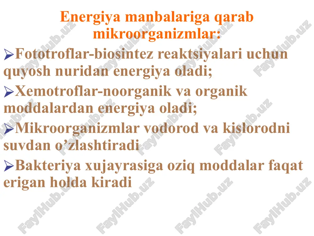 ib olishda bakteriyalarni farqlashda bakteriyalarni identifikatsiya qilishda fermentlarni oʼrganish bakteriyalarni fermentativ yoki bioximik xususiyatini oʼrganishga kiradi asosan mikroorganizmlarni bioximik xususiyatini aniqlashda ikki xil fermentlar oʼrganiladi: 1. saxarolitik fermentlar 2. proteolitik fermentlar pigmentlar boʼyovchi moddalardir. erishiga qarab 3 guruxga boʼlinadi: a) suvda eriydigan–koʼk yashil yiringli tayoqcha(psevdomonas) b) spirtda eriydigan–(sariq,qizil)stafilokokk, sartsina v) efirda eriydigan –(qora,jigar rang) zamburugʼlar vazifasi: nafas olishda boshqa bakteriyalarni oʼsishini toʼxtatishda ub nurlardan saqlashda differentsial- diagnostikada katta ahamiyatga ega. zaxarli moddalar (toksinlar) ekzotoksinlar ular oqsil termolabil maʼlum vaqtdan soʼng taʼsir kiladi tanlab taʼsir qiladi juda zaxarli endotoksinlar ular lipolisaxarid termostabil shu zaxoti taʼsir qiladi umumiy taʼsirga ega zaxari kuchli emas ular boʼlinadi: endotoksinlar ekzotoksinlar endotoksinlar asosan xujayra parchalangandan soʼng tashqi muhitga chiqadi. ularning immunogenlik xususiyati past. umumiy simptomlarni keltirib chiqaradi. endotoksinlar xujayra devorida joylashgan. ekzotoksinlarni bakteriya tashqi muhitga chiqaradi. ular kasallikning asosiy simptomlarni keltirib chiqaradi. antibiotiklar va antibiotiklarga o'xshash moddalar ichak tayoqchasi – kolitsin oʼlat qoʼzgʼatuvchisi – pestitsin stafilokokk …