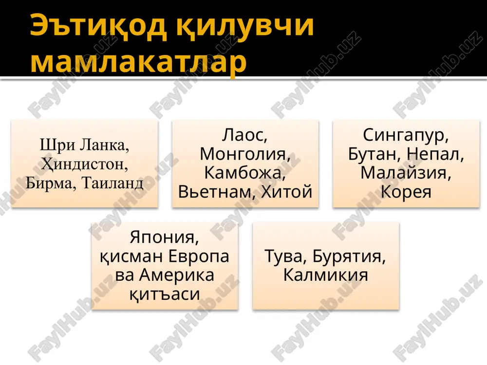 36 oqimlari tszintu tyantay yoki tenday tantrizm chan buddizm lamaizm tenday ta'limotiga ko'ra bu dunyodagi hamma narsa haqiqiy emas, ular faqat bo'shliqdan iborat bo'lib, vaqtinchalik mavjuddir. mana shu asosga binoan xulosa qiladiki, olamdagi barcha narsa yolg'iz mazmundadir. budda hatto mayda qum zarrachalarida ham mavjud bo'lishi va oxirida esa har bir insonning hayoti budda hayotining bir qismi bo'lishi mumkin. chan buddizm-dxiana 5- 6 asrlarda paydo bo’lgan maxayana va xitoy ta’limoti koreyada son, yaponiyada dzen kolligrafiya va jangovar san’at shaolin monastiri chan yo’nalishi xitoy buddizmining boshqa oqimlariga qaraganda ko’proq xitoyga xosroq. uning asosiy g’oyasi quyidagicha : kishi tumanli xira nirvanaga intilishi zarur emas, faqatgina kelajak haqida qayg’urish qachondir bodxisatva yoki buddaga aylanishi va mana shuning uchungina o’zini hamma narsadan mahrum qilishi befoyda. inson ayni vaqtda, shu onda yashamog’i , hayotdan u bera olishi mumkin bo’lgan narsalarni imkon qadar olib qolmog’i lozim. chan- buddizm chan-buddizm ta’limotiga ko’ra mazkur yo’nalishning nomi sanskrit tilidagi “dhiana …