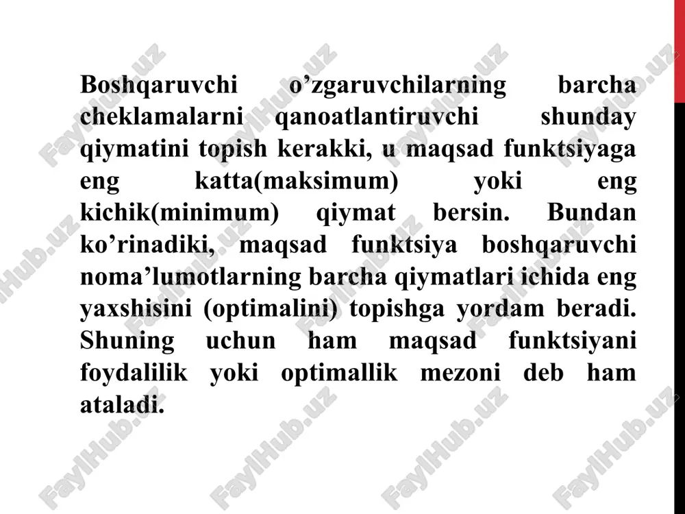qavariq ko’p qirrali soha) bo’lishi, bitta nuqtadan iborat bo’lishi yoki bo’sh to’plam bo’lishi ham mumkin. koordinatalari 1xa1 + a2x2 + ... + anxn = a tenglamani qanoatlantiruvchi (x1, x2, ... , xn) nuqtalar to’plami gipertekslik deb ataladi. shu sababli 1xc1 + c2x2 + ... + cnxn = y ko’rinishida yozilgan maqsad funktsiyani y ning turli qiymatlariga mos keluvchi o’zaro parallel gipertekisliklar oilasi deb qarash mumkin. image2.png image3.png image4.png image5.png image6.png image7.png image8.png image9.png image10.png image11.png image12.png image13.png image14.png image15.png image16.png image17.png image18.png image19.png /docprops/thumbnail.jpeg