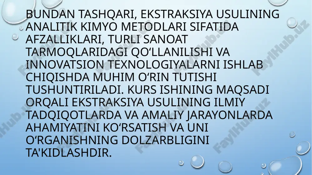 luvchi moddaning ionlanish darajasiga ta'sir qiladi. bu esa moddaning qaysi fazada erishiga va qanchalik samarali ajratilishiga ta'sir ko‘rsatadi. ph nazorati yordamida moddaning kerakli fazaga o‘tishini ta'minlash mumkin. . muammo: erituvchilarning ekologik zararli ta’siri ko‘plab ekstraksiya jarayonlarida ishlatiladigan organik erituvchilar toksik va ekologik zararli bo‘lishi mumkin. bu ularning ishlab chiqarish va utilizatsiya jarayonida ekologiyaga zarar yetkazish xavfini tug‘diradi. sabablar: toksik erituvchilarning ishlatilishi. erituvchilarni qayta ishlashning qiyinligi. optimallashtirish yo‘llari: yashil kimyo tamoyillari asosida erituvchilarni tanlash: suv yoki ekologik xavfsiz erituvchilardan foydalanish. erituvchilarning qayta ishlanishi: erituvchilarni regeneratsiya qilish va qayta ishlash tizimini joriy etish. suvli ekstraksiya usullarini rivojlantirish. ekstraksiya usuli analitik kimyo fanida keng qo‘llaniladigan, samarali va aniq ajratish usullaridan biridir. ushbu usulning asosida ma’lum bir moddaning ikki o‘zaro aralashmaydigan fazalar o‘rtasida taqsimlanish qonuniyatlari yotadi. bu jarayon moddalarning fizik-kimyoviy xossalariga, jumladan, eruvchanlik, taqsimlanish koeffitsiyenti va ekstraksiyalanuvchi fazalarning tarkibiga bog‘liq holda amalga oshiriladi. ekstraksiya usuli analitik amaliyotda moddalarni ajratish, konsentratsiyalash va qoldiqlarni aniqlash kabi …