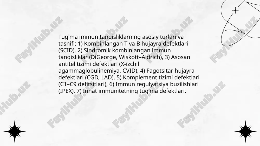 , renal funksiyalar. ivig 400–600 mg/kg har 3–4 haftada yoki scig 100–150 mg/kg/hafta. profilaktik antibiotiklar va antifungallar individual bo'yicha, respirator reabilitatsiya 2–3 marta/hafta, nutrisional va psixososial yordam, hsct yoki gen terapiyasi uchun uzoq muddatli kuzatuv. ... t.me/slaydai_bot skrining: tug‘ma immun tanqisliklar uchun neonatal trec/qpcr testi odatda tug‘ilishdan 48–72 soat ichida amalga oshiriladi, scid aniqlanishida samarali. sog‘liqni saqlash siyosati: yangi tug‘ilganlar skriningi, vaktsinalar jadvali moslashtirish, tezkor ivig taʼminoti va genetik maslahatlarga kirish taʼminlash zarur. ijtimoiy-etika masalalari: genetik maʼlumotlar maxfiyligi, stigmatisatsiya, informatsiyalangan rozilik, sog‘liqni saqlash resurslarining adolatli taqsimoti va gen terapiyasi uchun etik mezonlar muhim. immunpatologiya, xozirgi zamon klassifikatsiyasi: tug'ma va hayot davomida orttirilgan immun tanqisliklar ramazonov jonibek e'tiboringiz uchun raxmat! image1.png image2.png image3.png