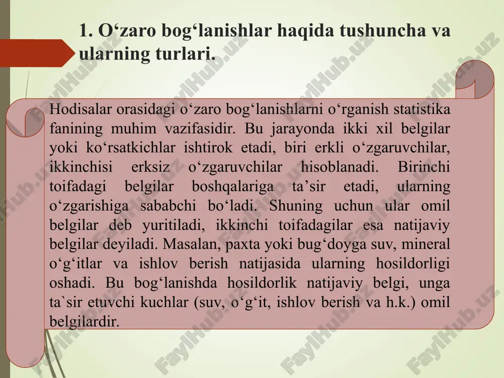 jasi oʻrtasidagi bogʻliqlikni oʻrganmoqchi. quyidagi jadvalda maʼlumotlar keltirilgan: tadqiqotchi cpi va ishsizlik darajasi oʻrtasidagi korrelyatsiyani hisoblashni xohlaydi. buning uchun pearson korrelyatsiya koeffitsientidan foydalanamiz. mamlakat cpi (x) ishsizlik darajasi (y) a 120 5.0 b 130 6.2 c 110 4.8 d 140 7.0 e 115 5.5 f 125 6.0 g 135 6.8 h 105 4.5 i 150 7.5 j 160 8.0 maʼlumotlarni jadvalga kiritamiz va zarur hisoblamalarni amalga oshiramiz. mamlakat cpi (x) ishsizlik (y) x2 y2 xy a 120 5.0 14400 25.00 600 b 130 6.2 16900 38.44 806 c 110 4.8 12100 23.04 528 d 140 7.0 19600 49.00 980 e 115 5.5 13225 30.25 632.5 f 125 6.0 15625 36.00 750 g 135 6.8 18225 46.24 918 h 105 4.5 11025 20.25 472.5 i 150 7.5 22500 56.25 1125 j 160 8.0 25600 64.00 1280 jami 1290 61.3 169200 388.47 8092 korrelyatsiya koeffitsienti r=0.98. bu qiymat +1 ga yaqin boʻlgani …