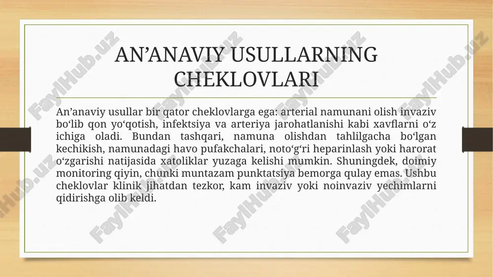 chiga oladi. kalibrlash uchun standart gaz aralashmalari, tebranishlardan himoya va harorat nazorati muhimdir. shuningdek, laboratoriya va punkt-of-care qurilmalar uchun muntazam sifat nazorati protokollari va mexanik xizmat ko‘rsatish jadvali ishlab chiqilishi lozim. tahlil oldi va tahlil jarayonidagi xatoliklar qonda gazlarni aniqlashda preanalitik omillar (namuna olish texnikasi, havo pufakchalari, noto‘g‘ri heparin massasi, konservatsiya harorati va tahlilga bo‘lgan kechikish) natijaga sezilarli ta’sir ko‘rsatadi. yangi metodlar ushbu omillarni kamaytirishga yo‘naltirilgan bo‘lsa-da, amaliyotda personalni o‘qitish, standart protseduralar va avtomatik tekshiruvlar joriy etilishi muhim. namuna transporti va saqlash sharoitlari bo‘yicha aniq protokollar yangi tizimlar uchun ham talab qilinadi. klinik qo‘llash va ta’siri yangi texnologiyalar neonatal intensiv terapiya, reanimatsiya, anesteziologiya va surunkali yurak-nafas kasalliklarida monitoringni sodda va uzluksiz qilish imkonini beradi. poc va wearable qurilmalar bemorlarni shifoxonadan tashqarida ham kuzatishni osonlashtiradi, bu esa copd kabi surunkali kasalliklarda tezkor aralashuvlarni ta’minlaydi. klinik ta’sir reaktivlikni oshirish, kasalxonada qolish vaqtini qisqartirish va og‘ir holatlarda tezroq qaror qabul qilishga yordam berishi …