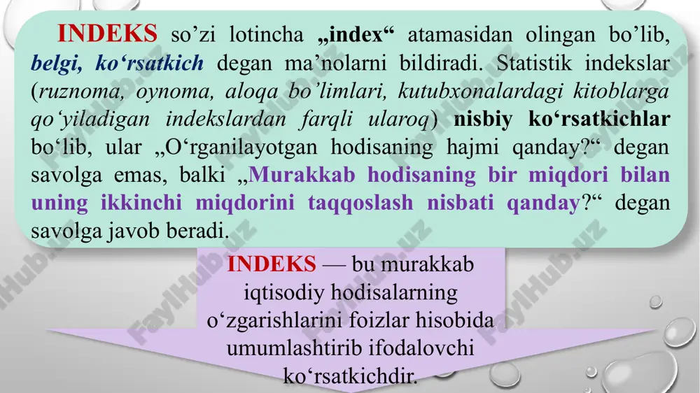 isobidan tejab qolgan yoki ortiqcha sarflangan xarajatlari miqdori kelib chiqadi. umumiy indekslarni agregat shaklda hisoblash uchun indekslashtirilayotgan belgi va uning vaznlari haqida har bir mahsulot va davrlar bo'yicha alohida ma'lumotlar mavjud bo'lishi shart. lekin bunga hamma vaqt ham erishib bo'lmaydi. shuning uchun ham agregat shakldagi indekslarni hisoblash mumkin bo'lmagan paytlarda o‘rtacha indekslardan foydalaniladi. ulardan biri o‘rtacha arifmetik indeks. yuqorida keltirib o‘tilgan mahsulot fizik hajmi individual indeksidagi quyidagicha hisoblanadi: endi o‘rniga yangi qiymatni keltirib qo‘ysak, quyidagi natijani olamiz: o‘rtacha arifmetik indeks quyidagi ko‘rinishni oladi. oloy dehqon bozorida sotilgan mahsulotlar hajmi mahsulotlar o’tgan davrda sotilgan, mln.so’m joriy davrda o'tgan davrdagiga nisbatan mahsulot miqdorining o‘zgarishi (%) 1. olma 200,0 +5 2. uzum 280,4 -11 3. kartoshka 170,9 -18 e’ t i b o r i n g i z u c h u n r a x m a t ! image5.png image6.png image7.png image3.png image8.png image9.png image10.png image11.png image12.png image13.png image14.png image15.png …
