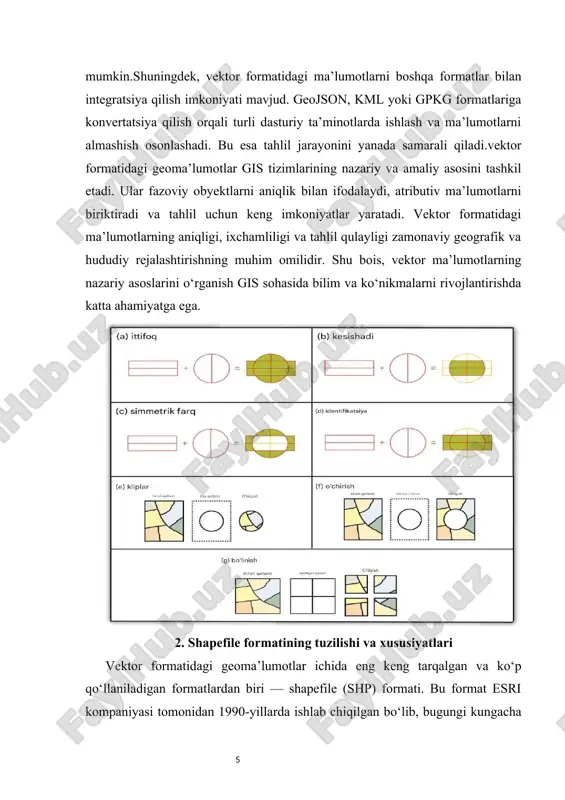 dagi har bir obyektning fayl ichidagi joylashuvini belgilaydi. shu tufayli gis dasturi obyektlarni tez va samarali o‘qiy oladi. indeks fayli yo‘q bo‘lsa, katta shapefile fayllari bilan ishlash jarayoni sekinlashadi va tahlil samaradorligi pasayadi. .dbf fayli — bu atributiv ma’lumotlarni saqlovchi fayl. u obyektlar haqidagi qo‘shimcha ma’lumotlarni (masalan, nomi, turi, maydoni, populyatsiya yoki boshqa tavsiflar) jadval ko‘rinishida saqlaydi. shapefile tarkibidagi atributiv fayl dbase formatida bo‘lib, jadval ustunlari va satrlari orqali obyektlarga tegishli ma’lumotlarni beradi. .prj fayli esa shapefile proyeksiya tizimi va koordinata ma’lumotlarini saqlaydi. u xarita elementlarini to‘g‘ri joylashtirish va turli koordinata tizimlarida ishlash uchun muhimdir. agar .prj fayli mavjud bo‘lmasa, shapefile boshqa gis dasturlariga import qilinganda geometriya noto‘g‘ri joylashishi mumkin. shapefile formatining boshqa qo‘shimcha fayllari ham mavjud: .sbn va .sbx — fazoviy indekslar, .xml — metadata, .cpg — kodlash tizimi haqida ma’lumot beradi. ushbu fayllar ishlash samaradorligini oshirish va ma’lumotlarni to‘liq saqlash uchun qo‘llaniladi, lekin asosiy ishlash uchun majburiy emas. …