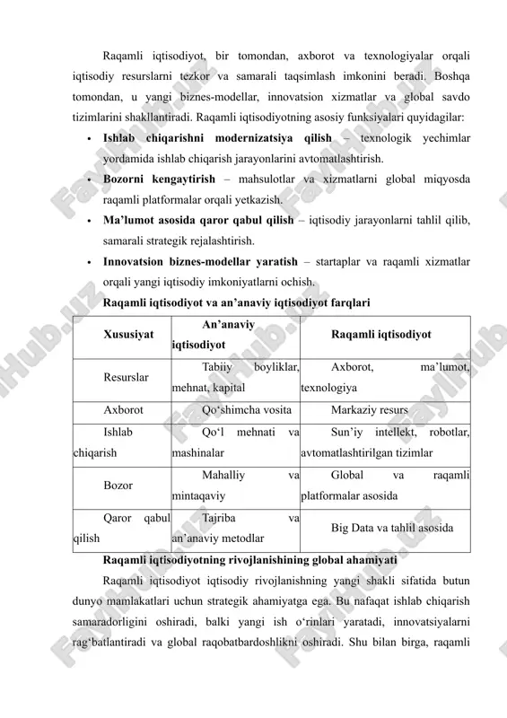 ers): katta hajmdagi ma’lumotlarni saqlash, qayta ishlash va yetkazib berish imkoniyatini yaratadi. · bulutli texnologiyalar (cloud computing): serverlarni va dasturlarni masofadan boshqarish, ma’lumotlarni onlayn saqlash, korxona xarajatlarini kamaytiradi. · tarmoqlar xavfsizligi: kiberxavfsizlik choralari, ma’lumotlar shifrlanishi va xavfsiz uzatish tizimlari. raqamli infratuzilma rivojlangan mamlakatlar raqamli iqtisodiyotning asosiy foydali natijalarini oladi, chunki u tezkor ma’lumot almashish va xizmatlarni avtomatlashtirish imkonini beradi. 2. axborot resurslari axborot – raqamli iqtisodiyotning eng qimmatli manbai hisoblanadi. axborot resurslari quyidagilarni o‘z ichiga oladi: · katta ma’lumotlar (big data): foydalanuvchi, ishlab chiqarish va moliyaviy jarayonlardan keladigan katta hajmdagi strukturalangan va strukturalanmagan ma’lumotlar. · ma’lumotlar bazasi va ma’lumotlar tahlili: raqamli iqtisodiyotda qaror qabul qilish jarayoni asosan ma’lumotlarga asoslanadi. analitik vositalar orqali biznes jarayonlari optimallashtiriladi. · sun’iy intellekt (ai) va mashina o‘rganish: ma’lumotlarni qayta ishlash va ulardan foydali natijalar chiqarish uchun ishlatiladi. axborot resurslari samarali ishlatilganda iqtisodiyotning raqobatbardoshligi oshadi, yangi xizmatlar yaratiladi va ish jarayonlari tezlashadi. axborot resurslari raqamli iqtisodiyotning …