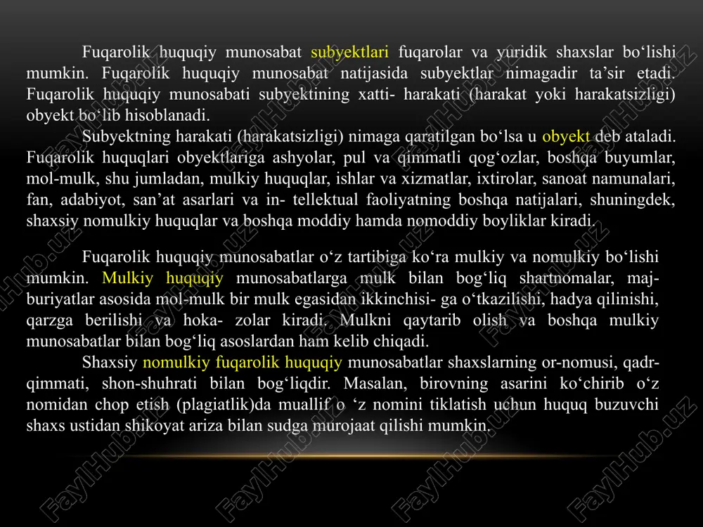 oylik ish haqining o‘n baravaridan ortiq summadagi bitimlar, qonunda belgilangan hollarda esa — bitim summasidan qat’i nazar boshqa bitimlar. quyidagi hollarda bitimlarni notarial tasdiqlash shart: qonunda ko‘rsatilgan hollarda. taraflardan birining talabi bo‘yicha. masalan, uy-joy sotish-olish bitimi notarial tasdiqlanishi shart. vasiyatnoma ham notarial tasdiqlanishi kerak. shunday bitimlar borki, agar ular notarial tas- diqlanmasa, haqiqiy emas deb tan olinadi. bitimning qonun talab qiladigan shakliga rioya etmaslik qonunda to‘g‘ridan to‘g‘ri ko‘rsatilgan holdagina uning haqiqiy emasligiga sabab bo‘ladi. bitimlar quyidagi holatda haqiqiy emas deb topiladi: qonun hujjatlarining talablariga muvofiq kelmaydi- gan mazmundagi bitim, shuningdek, huquq-tartibot yoki axloq asoslariga atayin qarshi maqsadida tuzilgan bitim; o‘n to‘rt yoshga to‘lmagan shaxs tomonidan tuzilgan bitim; o‘n to‘rt yoshdan o‘n sakkiz yoshgacha bo‘lgan voyaga yetmagan shaxs tomonidan, uning ota-onasi, farzandlikka oluvchilari yoki homiysining roziligi talab qili nadigan hollarda ularning roziligisiz tuzilgan bitim ota- onasi, farzandlikka oluvchilari yoki homiysining da’vosi bo‘yicha sud tomonidan haqiqiy emas deb topilishi mumkin; ruhiy kasalligi …