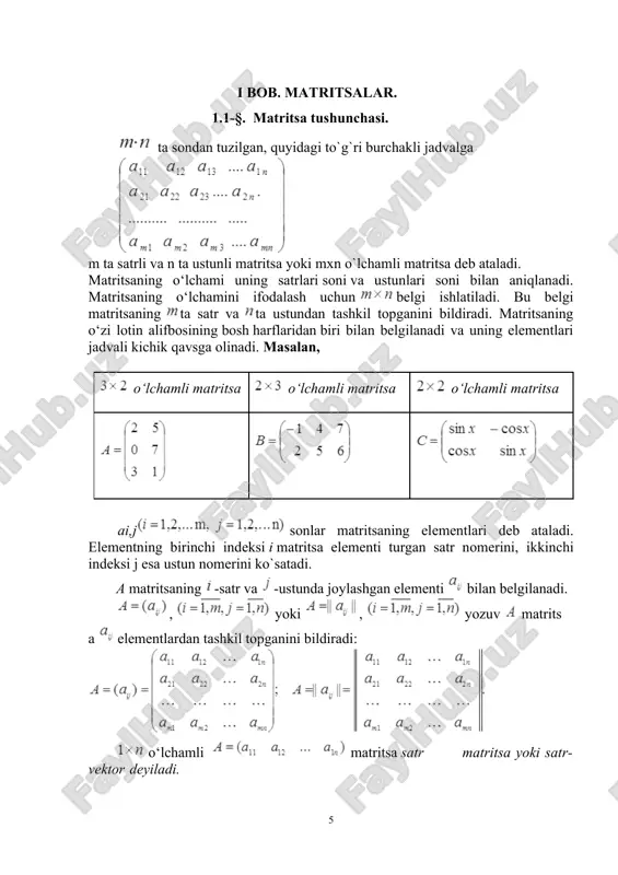 nga ko‘paytirish amali ushbu xossalarga ega: 1) kommutativlik xossasi: 2) assotsiativlik xossasi: matritsalarni qo‘shish matritsalarni qo‘shish va ayirish amallari bir xil o‘lchamli matritsalar uchun kiritiladi. bunda yig‘indi matrisa qo‘shiluvchi matritsalar bilan bir xil o‘lchamga ega bo‘ladi. ta’rif. va matritsalarning yig‘indisi deb, elementlari kabi aniqlanadigan matritsaga aytiladi va matritsalar berilgan bo`lsin a + b misol. va bo‘lsin. ni toping. yechish. matritsalarni qo‘ish amali ushbu xossalarga ega: 10. kommutativlik xossasi: 20. assotsiativlik xossasi: 30. qo`shish amaliga nisbatan distributivlik xossasi: 40. sonlarni qo`shishga nisbatan distributivlik xossasi: matritsani songa ko`paytirish va matritsalarni qo`shish amalining yuqorida aytilgan xossalari bu amallarning ta’riflari, haqiqiy sonlarni qo`shish va ko`paytirish amallarining kommutativlik va assotsiativlik xossalari hamda ko`paytirishning qo`shishga nisbatan distributuvlik xossasining natijasidir. matritsalarni ayirish. ta’rif. va matritsalarning ayirmasi deb matritsaga aytiladi. bunda matritsaning elementlari kabi topiladi. a-b misol. va bo‘lsin. ni toping. yechish. matritsalarni ko`paytirish satr martitsa va ustun matritsa bir xil sondagi elementlarga ega bo‘lsin deylik. bunda satrning …