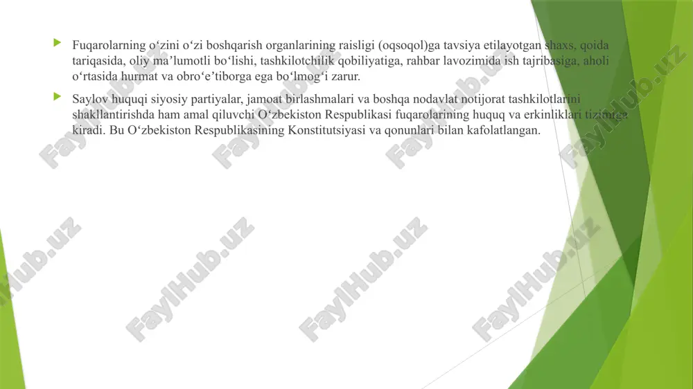 vozini ololmasa, yaʼni deputat bo‘ lib saylanmay qolsa, okrug saylov komissiyasi eng koʻp ovoz olgan 2 nafar nomzodni okrugda takroriy ovozga qoʻyish toʻgʻrisida qaror qabul qiladi. bu qaror markaziy saylov komissiyasiga yuboriladi. markaziy saylov komissiyasining qarori asosida 2 hafta ichida takroriy ovoz berish oʻtkaziladi[1]. oʻzbekiston respublikasi prezidenti — oʻzbekiston respublikasida davlat va ijro etuvchi hokimiyat boshligʻi. oʻzbekistonda prezidentlik lavozim sifatida 1990-yil 24-martda taʼsis etilgan. oʻzbekiston respublikasi konstitutsiyasining 106-moddasiga binoan, oʻzbekiston respublikasi prezidenti lavozimiga 35 yoshdan kichik boʻlmagan, davlat tilini yaxshi biladigan, bevosita saylovgacha kamida 10 yil oʻzbekiston hududida muqim yashayotgan oʻzbekiston respublikasi fuqarosi saylanishi mumkin. oʻzbekiston respublikasi prezidenti saylovi mamlakatning 18 yoshga toʻlgan fuqarolari umumiy, teng va toʻgʻridan toʻgʻri saylov huquqi asosida yashirin ovoz berishi yoʻli bilan oʻtkaziladi. oʻzbekiston respublikasi prezidenti 7 yil muddatga saylanadi. prezidentni saylash tartibi „oʻzbekiston respublikasi prezidenti saylovi toʻgʻrisida“gi qonun (1991-yil 18-noyabr) va uning yangi tahririda (2004-yil 3-dekabr) qabul qilingan tegishli moddalarida belgilangan. oʻzbekiston respublikasi prezidenti …