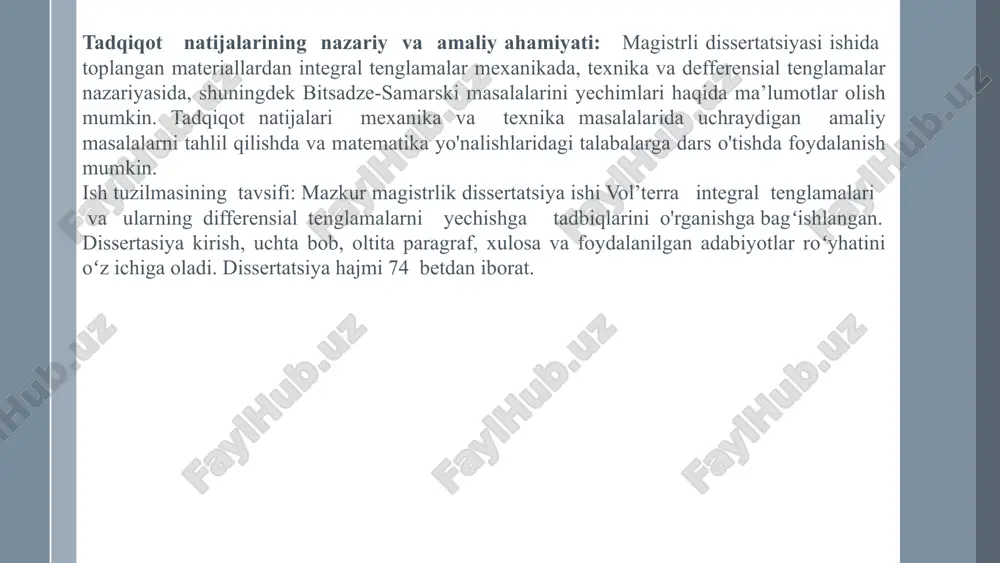 iladi. 1. ushbu tenglamani yeching: bunda va endi munosabatlardagi hadlarni hisoblab chiqamiz: va hokazo. bu ifodalarning hosil bo'lishidagi qonuniyat ko'rinib turibdi. ularni (1.23) qatoga qo'ysak izlanayotgan yechim hosil bo'ladi: 12 ii bob. vol’terra integral tenglamalariga keladigan ba’zi masalalar 2.1-§. abel integral tenglamasi va uning yechimi. koshi integral tenglamasi 2.2-§. vol’terraning chiziqli bo'lmagan tenglamalari 13 abel integral tenglamasi va uning yechimi. koshi integral tenglamasi abel masalasi: moddiy nuqta o'zining og‘irlik kuchi ta’siri ostida vertikal tekislikda joylashgan biror silliq egri chiziq bo'lib uning ordinatasi h ga teng bo'lgan ixtiyoriy m nuqtasidan ordinatasi 0 ga teng bo'lgan eng quyi o nuqtasigacha boshlang‘ich tezliksiz ( – berilgan funksiya) vaqt ichida yetib kelgan bo'lsin. shu egri chiziqni toping. yechish: izlanayotgan egri chiziqning eng quyi o nuqtasini koordinatalar boshi uchun qabul qilamiz va ox o'qni gorizantal, oy o'qni esa vertikal yo'naltiramiz. bu egri chiziqning tenglamasini ko'rinishida izlaymiz. agar egri chiziqning yoy elementini ds bilan belgilasak, bo'ladi. …