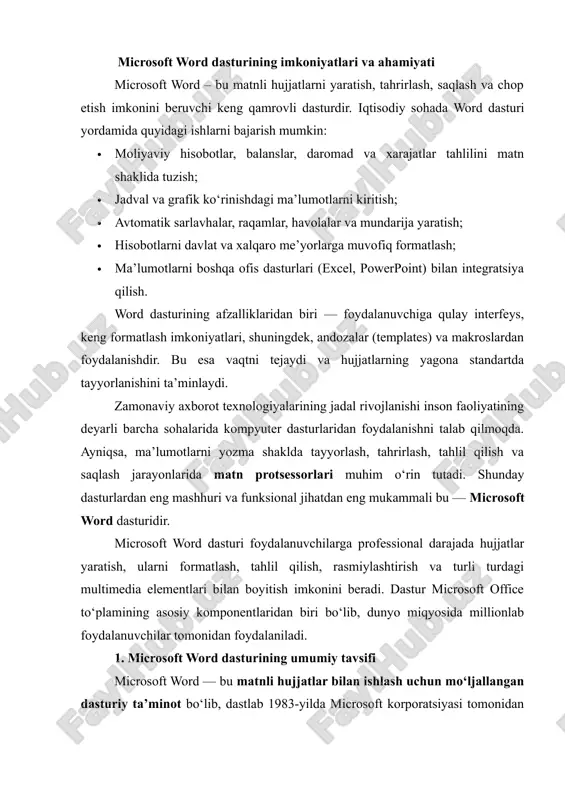 ilan himoyalash va formatlarni (docx, pdf, txt va boshqalar) o‘zgartirish; · avtomatlashtirish vositalari (makroslar, shablonlar, stillar) orqali ishlab chiqarish samaradorligini oshirish. 2. microsoft word dasturining asosiy funksional imkoniyatlari a) matnni yaratish va tahrirlash vositalari word foydalanuvchiga matn bilan ishlash uchun qulay interfeys taqdim etadi. dasturda matnni: · kiritish, o‘chirish, ko‘chirish va nusxalash; · shrift turlari, o‘lchamlari, ranglari va uslublarini (qalin, kursiv, osti chizilgan, soyali va hokazo) o‘zgartirish; · sarlavhalar, iqtiboslar va havolalar qo‘shish mumkin. bundan tashqari, autocorrect, autotext kabi funksiyalar matndagi xatoliklarni avtomatik tuzatadi va tez-tez ishlatiladigan so‘z birikmalarini avtomatik to‘ldiradi. b) formatlash va dizayn imkoniyatlari hujjatning rasmiy va estetik ko‘rinishini ta’minlash uchun word keng formatlash vositalarini taklif etadi: · sahifa o‘lchami, chekkalari (margins), yo‘nalishi (portret/landshaft) va sarlavhalarni sozlash; · matnni hizalash (chapga, o‘rtaga, o‘ngga, kengaytirilgan); · ramkalar, orqa fonlar, sahifa raqamlari, logotip va shiorlarni joylashtirish; · professional darajadagi uslublar (styles) va mavzular (themes) yordamida yagona dizaynni yaratish. bu imkoniyatlar …