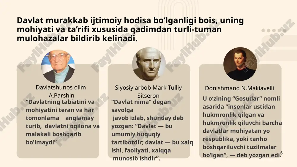 i va taraqqiyoti turli yondashuvlar asosida yoritilgan. bunda u yoki bu yondashuvni mutloqlashtirmay, ulaming ham ijobiy va ham salbiy tomonlarini o‘rganish maqsadga muvofiq. 25 xulosa 26 huquq- davlat tomonidan o’rnatilgan va muhofaza qiladigan qonun qoidalar yig’indisi davlatchilik- bu davlatning tashkil topishi, boshqaruv tizimining rivojlanishi, huquqiy va siyosiy institutlarning shakllanishi jarayonidir. ijtimoiy munosabatlar-jamiyat a’zolari o‘rtasida vujudga keladigan va ularning kundalik hayotida bir-biriga bog‘liq bo‘lgan o‘zaro munosabatlar tushuniladi davlat organi-maxsus vakolatga ega bo’lgan, belgilangan vazifalarni amalga oshiruvchi tashkilot hokimyat- bu jamiyatdagi odamlarning xulq-atvorini boshqarish va tartibga solish imkonini beruvchi siyosiy-huquqiy kuchdir. respublika- bu davlat boshqaruv shakli bo‘lib, unda davlat hokimiyati saylangan vakillar tomonidan amalga oshiriladi. monarxiya — bu davlat boshqaruv shakli bo‘lib, unda davlat hokimiyati bitta shaxs — monarx (qirol, shoh, imperator, sulton) tomonidan boshqariladi nazariya – bu muayyan soha yoki hodisalarni tushuntirish uchun ishlab chiqilgan tizimli g‘oyalar majmuasi. atamalar(glossary) 27 foydalanilgan adabiyotlar 1.davlat va huquq nazariyasi: darslik / x.t.odilqoriyev, i.t.tulteyev va …