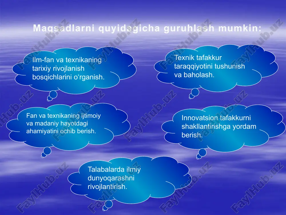 qur ta’sir ko‘rsatadi. bu fan orqali biz ilm-fan va texnologiyaning tarixiy rivojlanish bosqichlarini, ularning jamiyatdagi o‘rni va ahamiyatini chuqur anglaymiz. insoniyat ilk davrlardan boshlab hayotiy ehtiyojlar asosida ilmiy bilimlarni shakllantirib, qadim sivilizatsiyalardan to zamonaviy jamiyatgacha uzluksiz rivojlanib kelgan. bugungi kunda esa sun’iy intellekt, biotexnologiyalar, muqobil energiya va kosmik tadqiqotlar orqali fan va texnika yangi bosqichga ko‘tarilmoqda. shunday qilib, fanning ijtimoiy roli nafaqat moddiy taraqqiyotda, balki inson tafakkuri va ma’naviyatini yuksaltirishda ham beqiyosdir. kelajakda ham ilm-fan va texnika jamiyat rivoji uchun muhim poydevor bo‘lib qoladi. e'tiboringiz uchun tashakkur! image2.jpeg image3.png image4.jpeg image5.png image6.jpeg image7.wmf image8.jpeg image9.png image10.png image11.png image1.jpeg /docprops/thumbnail.jpeg