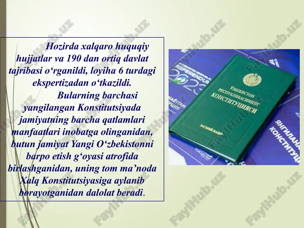 monidan oilaning har tomonlama rivojlanishi uchun ijtimoiy, iqtisodiy, huquqiy va boshqa shart-sharoitlar yaratilib, bu konstitutsiyaviy mustahkamlangan. mazkur normaning joriy etilishi jamiyatimizda mustahkam oila mustahkamligi va qadr-qimmatini ta’minlashga xizmat qiladi. endi farzandlarni tarbiyalash, ularga ta’lim berish, voyaga yetkazish ham ota-onaning burchi sifatida belgilangan. bolaning huquqlari, erkinliklari va qonuniy manfaatlarini ta'minlash va himoya qilish, uning har tomonlama jismoniy, aqliy va madaniy rivojlanishi uchun eng yaxshi sharoitlarni yaratish davlatning burchidir. konstitutsiyada har kimning o‘z mehnati uchun hech qanday kamsitishlarsiz va eng kam ish haqidan (980 000 so‘m) kam bo‘lmagan adolatli ish haqi olish huquqi kafolatlangan. konstitutsiya homiladorlik yoki farzand ko'rish bilan bog'liq sabablarga ko'ra ayollarni ishga qabul qilishni rad etish, ishdan bo'shatish va ish haqini kamaytirishni taqiqlaydi. bu mamlakatimizda gender tengligi tamoyillarining to‘liq tatbiq etilishiga olib keladi. 18 konstitutsiyada o‘zbekiston huquqiy davlat sifatida belgilangan. xususan, inson huquq va erkinliklarini ta’minlash davlatning oliy maqsadi ekani e’lon qilinganda inson huquqlari normalari 3 barobardan ziyod ortib …