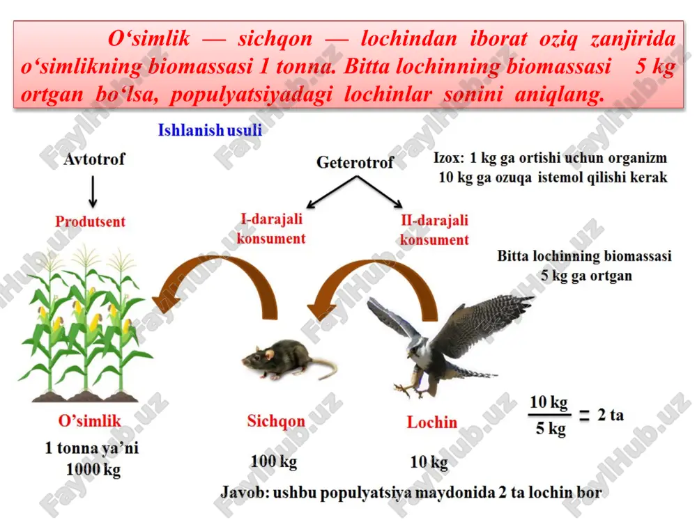 txor yegan oziqdan 140 kg ortiq bo’lgan. o’txor qancha kg ga semirgan. (oʻtxorni dastlabki massasi 95 kg teng.) a) 10 kg b) 20 kg c) 15 kg d) 5 kg yechimi tenglama. 95+0,1x 1) ------------- + x+140 = 200 10 x = 50. 2) 50•0,1=5 javob: d) 5 kg image1.png image2.png image3.png image4.emf image5.emf image6.png image7.png image8.png image9.emf image10.emf image10.png /docprops/thumbnail.jpeg