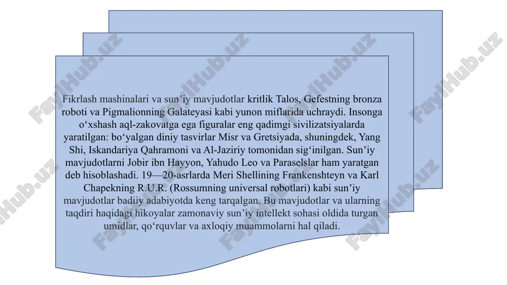 anadi. bu esa maxfiylikni buzish va shaxsiy ma’lumotlarning noto‘g‘ri qo‘llanilishiga olib kelishi mumkin. 4. si ga qaramlikning oshishi • si texnologiyalarining keng qo‘llanilishi insonlarning o‘z imkoniyatlariga bo‘lgan ishonchini kamaytirib, texnologiyalarga haddan tashqari qaramlikni oshiradi. 5. xavfli texnologiyalarning rivojlanishi • sun’iy intellekt qurollar, xavfli dronlar va boshqarib bo‘lmaydigan avtomatlashtirilgan tizimlarni yaratishda ishlatilishi mumkin. bu esa global xavfsizlikka tahdid soladi. 6. axloqiy va huquqiy muammolar • si algoritmlarida axloqiy me’yorlarni belgilash qiyin. masalan, avtomatlashtirilgan transport vositalari avariya vaziyatlarida qanday qaror qabul qilishi kerakligini aniqlash murakkab. bu huquqiy va axloqiy bahslarni keltirib chiqaradi. 7. ijtimoiy tengsizlikning kuchayishi • sun’iy intellekt texnologiyalarini rivojlantirish va ulardan foydalanish imkoniyatlari ko‘pincha yirik korporatsiyalar yoki boy mamlakatlarga xosdir. bu esa boy va kambag‘al o‘rtasidagi tafovutni yanada kuchaytirishi mumkin. 8. algoritmik xatoliklar va tarafkashlik • si tizimlari ma’lumotlar to‘plamlariga asoslanib ishlaydi. agar ushbu ma’lumotlar tarafkash yoki noto‘g‘ri bo‘lsa, si natijalari ham adolatsiz bo‘lishi mumkin. masalan, irqiy yoki jinsiy diskriminatsiya …