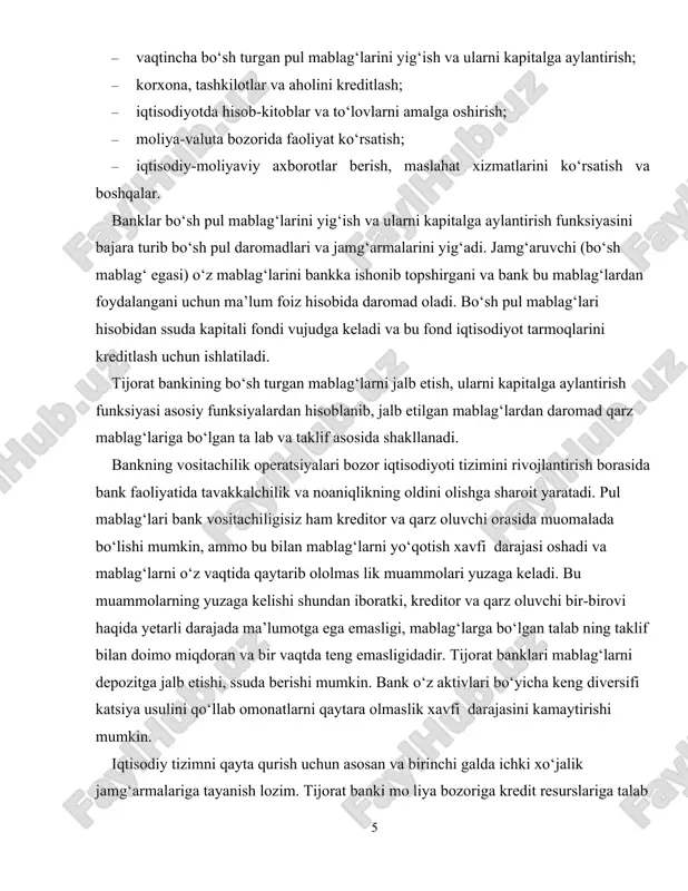 bozorining yaxshi taraqqiy etmagan bosqichlarida iqtisodiyotda mavjud bo‘lgan asosiy moliyaviy resurslar banklarga omonatlarni jalb qi lish orqali amalga oshiriladi. banklarning keyingi funksiyasi bu mustaqil subyektlararo to‘lov operatsiyalarini amalga oshirish funksiyasidir. rejali iqitsodiyot davrida barcha to‘lovlar birgina davlat banki orqali amalga oshirilgan, hisob-kitoblarning bunday tizimida to‘lovlarni amalga oshirishda davlat o‘zi kafil bo‘lardi. mustaqil tijorat banki ti zimini shakllantirish hisob-kitob tizimining ajralishiga olib keladi va banklar o‘z zimmalariga oladigan javobgarlik daraja sini oshiradi. mfo hisobvaraqlaridan foydalangan holda amalga oshiriladigan hisob-kitoblar o‘rniga banklararo hisobning korresp ondent schotlarga o‘tishi ham javobgarlik darajasi ning ko‘payishiga olib keldi. bunday sharoitda tijorat banklari, mi jozlar hisob-kitoblari bo‘yicha to‘lovlarni o‘z vaqtida amalga oshirilishi bo‘yicha mas’uldir. bozor iqtisodiyotiga asoslangan barcha mamlakatlarda tijorat banklari iqtisodiyotning to‘lov mexanizmida yetakchi o‘rin tutadi. iqtisodiyot to‘lovlarini amalga oshirishni isloh qilish va rivojlantirish orqali mamlakatimiz to‘lov tizimida tijorat banklarining o‘rni kengaymoqda. undan tashqari tijorat banklari moliya- valuta bozorida faoliyat ko‘rsatishi, ya’ni qimmatli qog‘ozlar chiqarishi va …