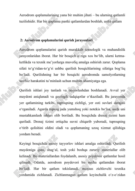 ohida ishlovdan o‘tkaziladi. harorat o‘zgarishi tufayli beton kengayadi yoki qisqaradi. agar bu holat inobatga olinmasa, qoplama yorilishi mumkin. shuning uchun qoplama qatlamlari orasiga maxsus elastik mastikalar bilan bo‘shliq qoldiriladi. bu materiallar kengayishga moslashadi va qoplamani yorilishdan himoya qiladi. qurilish yakunlangach, aerodrom maydoni tozalanadi, atrofdagi to‘sqinliklar olib tashlanadi va hudud xavfsizlik talablari asosida rasmiy foydalanishga topshiriladi. har bir qurilish bosqichi tugagach, tegishli texnik hujjatlar rasmiylashtiriladi va nazorat organlariga taqdim etiladi. qurilish ishlari davomida barcha xodimlar xavfsizlik texnikasi va mehnat muhofazasi qoidalariga rioya qilishlari shart. umuman olganda, aerodrom qoplamalarini qurish juda mas’uliyatli va ketma-ketlikda bajariladigan texnologik ishlar to‘plamidir. har bir qatlam, har bir material va har bir ish bosqichi puxta nazorat ostida bo‘lishi kerak. faqat shundagina sifatli, xavfsiz va uzoq muddat xizmat qiladigan aerodrom qoplamasi qurish mumkin bo‘ladi. 3: qoplama qurilishida ishlatiladigan texnika va tashkilotchilik masalalari aerodrom qoplamalarini qurish ishlari katta hajmdagi muhandislik va texnologik jarayonlardan iborat bo‘lib, bu jarayonlarni samarali tashkil …