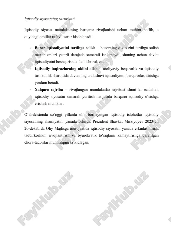 tilgan. · ilmiy-texnologik taraqqiyot – innovatsion loyihalar va startaplarni qo‘llab-quvvatlash. · ishlab chiqarish va sanoat rivoji – mahalliy ishlab chiqaruvchilarni rag‘batlantirish va import o‘rnini bosish. · raqamli iqtisodiyot – elektron tijorat, sun’iy intellekt va big data texnologiyalarini rivojlantirish. iqtisodiy siyosatni amalga oshirish mexanizmlari davlat iqtisodiy siyosatni samarali amalga oshirish uchun turli mexanizmlardan foydalanadi. ushbu mexanizmlar quyidagilarni o‘z ichiga oladi: 1. huquqiy-me’yoriy mexanizmlar · iqtisodiy qonunchilik va davlat tartibga solish siyosati. · monopollarga qarshi qonunlar va tadbirkorlikni rivojlantirishni rag‘batlantirish. · iqtisodiy islohotlar va ularning ijrosini ta’minlash. 2. moliyaviy mexanizmlar · davlat byudjeti orqali moliyalashtirish va investitsiya dasturlarini qo‘llab-quvvatlash. · kredit siyosati va bank tizimining barqarorligini ta’minlash. · soliq imtiyozlari va subsidiyalar berish. 3. institutsional mexanizmlar · markaziy bank, moliya vazirligi va boshqa davlat idoralarining iqtisodiy boshqaruvdagi roli. · davlat va xususiy sektor o‘rtasidagi hamkorlikni rivojlantirish. · mahalliy va xalqaro tashkilotlar bilan hamkorlik. 4. bozor mexanizmlari · erkin bozor tamoyillariga asoslangan iqtisodiy …