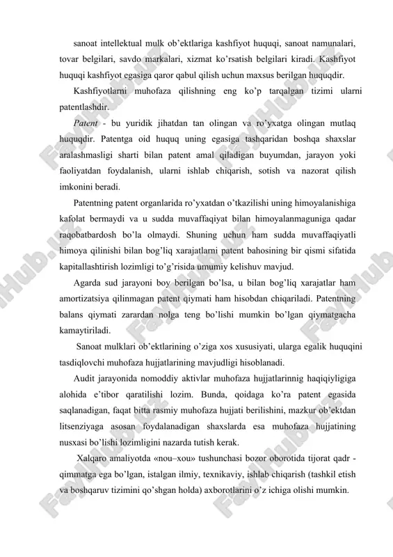 mat qiladi. «nou - xou» ni muhofaza qilish shartlari quyidagilardan iborat. birinchidan, axborotning uchinchi shaxsga ma’lum bo’lmasligi uning tijoriy qadr-qimmatiga zarur shart - sharoit (zamin) bo’lib xizmat qiladi. ikkinchidan, u uchinchi shaxslarning bemalol kirishlari uchun yopiq bo’lishi kerak (qonun asosida). uchinchidan, axborot egasi uning maxfiyligini muhofaza qilish uchun zarur chora - tadbirlarni qo’llashi lozim. ushbu maxfiylik shartlaridan birortasining buzilishi axbrot egasini uni himoya qilish huquqidan mahrum etadi. «nou-xou» egasi huquqlarini himoya qilish o’zbekiston respulikasi fuqarolik kodeksi va boshqa tegishli qonuniy hujjatlar bilan amalga oshiriladi. savdo markalari - kompaniyalarga, mahsulot yoki xizmatlarga oid berilgan nomlar, ramzlar yoki boshqa xil (aniqlab beruvchi) identifikatsiyalar. ular egalik qilishni asoslash uchun ro’yxatga olinishi, ro’yxatga olinganlari esa - ularning faoliyat muddatlarini ma’lum bir davrga uzaytirish asosida yangilanib borishi mumkin. bunday hollarda nomlanishlar, ramzlar va mahsulotning boshqa aniqlovchi identifikatsiyalari yuridik jihatdan himoyalanadi. savdo markasini sotib olish chog’ida to’langan pul mablag’lari summasi kapitallashtirib boriladi. unga ishlov berish, uni …