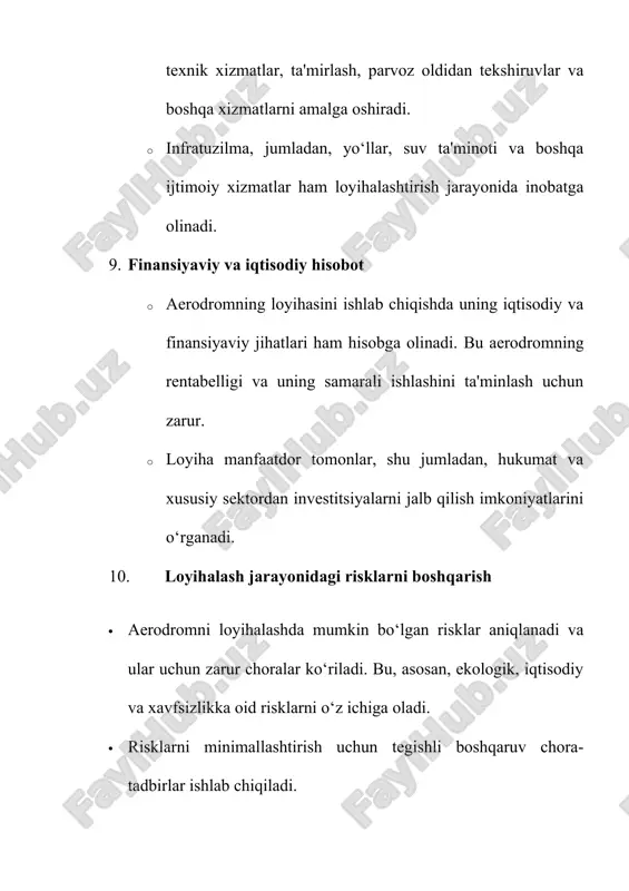 hamiyatga ega. davlatning bu sohadagi siyosati va investitsiya imkoniyatlari loyiha muvaffaqiyatiga ta'sir qiladi. 7. boshqaruv va rejalashtirishdagi kamchiliklar · aerodromni loyihalashtirishda boshqaruv va rejalashtirishning kamchiliklari ham mavjud. bu holatlarni bartaraf etish uchun samarali boshqaruv tizimlari joriy qilinadi. 8. boshqa transport tarmoqlari bilan integratsiya · aerodromni boshqa transport tarmoqlari, masalan, temir yo‘l yoki avtomobil yo‘llari bilan integratsiya qilish zarur. bu, ayniqsa, aerodromning ishlash samaradorligini oshiradi. 9. sertifikatlash va litsenziyalash · aerodromlarni qurish va ishga tushirishdan oldin barcha kerakli sertifikatlash va litsenziyalash jarayonlarini o‘tkazish kerak. 10. kelajakdagi rivojlanish va kengayish · aerodromning kelajakdagi rivojlanish va kengayish imkoniyatlari ham loyihalash jarayonida hisobga olinadi. bu, asosan, aerodromning o‘sish imkoniyatlarini ta'minlash maqsadida amalga oshiriladi. 1. aerodromning arxitekturaviy dizayni aerodromlarning arxitekturaviy dizayni uning estetik va funksional jihatlariga e'tibor qaratadi. aerodrom terminali, kontrollerning boshqaruv markazi, havo harakatlarini boshqarish va yoritish tizimlari, yo‘llar, ta'mirlash xizmatlari va boshqalar kabi ob'ektlarning joylashuvi va dizayni alohida ahamiyatga ega. aerodromlarning arxitekturasi nafaqat …
