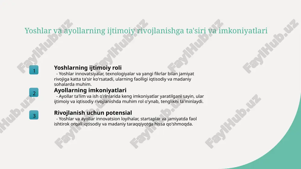 t va jamoatchilikning roli 1 hukumatning roli rivojlantirishda hukumat yangi texnologiyalarni joriy etishda siyosiy qo’llab-quvvatlash, moliyaviy yordam va qonunchilik bazasini yaratadi, innovatsiyalarni targ‘ib qiladi. 2 jamoatchilik va xabardorlik jamoatchilik yangi texnologiyalar haqida ma’lumotga ega bo‘lishi va ularni qabul qilish uchun ta’lim, treninglar va axborot kampaniyalarini amalga oshiradi. 3 hamkorlik va rivojlanish hukumat, xususiy sektor va xalqaro tashkilotlar hamkorligida texnologik loyihalarni amalga oshirish, tajriba almashish va investitsiyalarni jalb qilish muhim. tarixiy merosning rivojlanishga ta'siri: o'zbekistonning madaniy xususiyatlari 1 tarixiy boyliklar o'zbekistonning boy tarixiy merosi buyuk madaniyatlar, arxeologik yodgorliklar va qadimiy shaharlar orqali rivojlanishga asos bo'ladi. 2 madaniy identitet madaniy meros milliy identitetingni mustahkamlaydi, yoshlarni xalq an'analari va urf-odatlariga bog'lab, rivojlanishda muhim rol o'ynaydi. 3 turizm va iqtisod tarixiy joylar va madaniy obidalar turizmni rivojlantiradi, iqtisodiy o'sishga turtki bo'lib, yangi ish o'rinlari va daromad manbai yaratadi. 4 rivojlanish strategiyalari madaniy merosni saqlash va rivojlantirish uchun davlat va jamiyat o'rtasida hamkorlik muhim, bu …