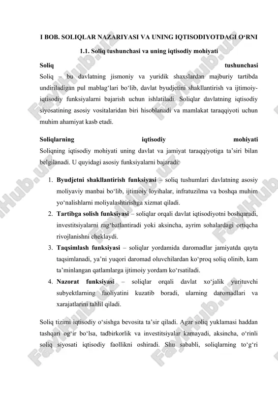 riyasida paydo bo‘lgan. asosan, dehqonchilik mahsulotlari va mollar orqali yig‘ilgan. o‘rta asrlar (v–xv asrlar) feodal davlatlarda soliqlar asosan er egalari tomonidan yig‘ilgan. savdo va bojxona soliqlari rivojlangan. yangi davr (xvii–xix asrlar) markazlashgan davlatlar paydo bo‘lishi bilan soliq tizimi yanada takomillashdi. 1776-yilda adam smitning “xalqlar boyligi” asarida soliqning asosiy tamoyillari belgilandi. zamonaviy bosqich (xx asr – hozirgi davr) soliq tizimi davlatning iqtisodiy siyosatining ajralmas qismiga aylandi. progresiv soliq tizimi joriy etildi. raqamlashtirish va soliq islohotlari amalga oshirildi. o‘zbekistonda soliqlarning rivojlanishi mustaqillikdan keyin sezilarli o‘zgarishlarga uchradi. 1991-yilda yangi soliq tizimi shakllandi, 2019-yildan boshlab esa soliq islohotlari doirasida soddalashtirish jarayoni amalga oshirildi. soliq tizimining asosiy vazifalari soliqlar quyidagi asosiy vazifalarni bajaradi: byudjetni shakllantirish vazifasi soliqlar davlatning asosiy daromad manbai hisoblanadi va davlat xizmatlari, ijtimoiy dasturlar hamda infratuzilma loyihalarini moliyalashtirish uchun ishlatiladi. iqtisodiy tartibga solish vazifasi davlat soliqlar orqali tadbirkorlikni rag‘batlantirish yoki ayrim tarmoqlarga ustuvorlik berish imkoniga ega. masalan, soliq imtiyozlari tadbirkorlarni innovatsiyalar joriy …