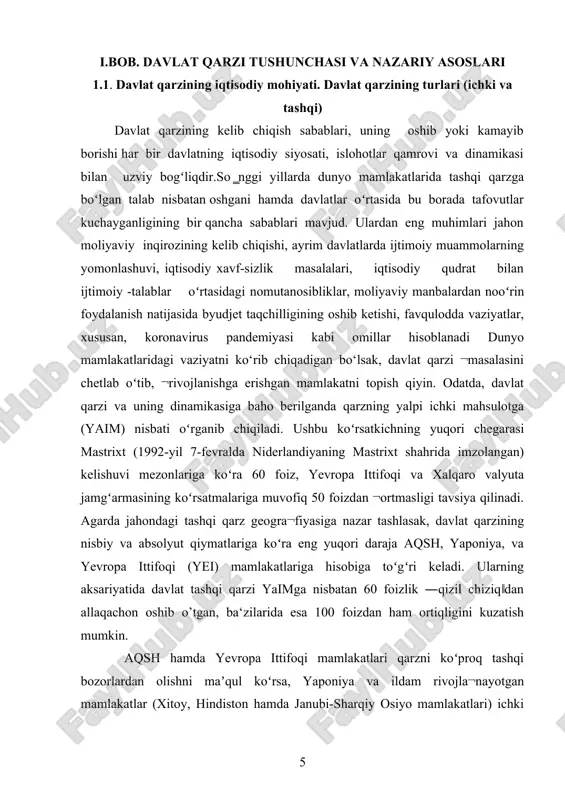 yalpi ichki mahsulotga (yaim) nisbati oʻrganib chiqiladi. ushbu koʻrsatkichning yuqori chegarasi mastrixt (1992-yil 7-fevralda niderlandiyaning mastrixt shahrida imzolangan) kelishuvi mezonlariga koʻra 60 foiz, yevropa ittifoqi va xalqaro valyuta jamgʻarmasining koʻrsatmalariga muvofiq 50 foizdan ¬ortmasligi tavsiya qilinadi. agarda jahondagi tashqi qarz geogra¬fiyasiga nazar tashlasak, davlat qarzining nisbiy va absolyut qiymatlariga koʻra eng yuqori daraja aqsh, yaponiya, va yevropa ittifoqi (yei) mamlakatlariga hisobiga toʻgʻri keladi. ularning aksariyatida davlat tashqi qarzi yaimga nisbatan 60 foizlik ―qizil chiziq‖dan allaqachon oshib o’tgan, ba‘zilarida esa 100 foizdan ham ortiqligini kuzatish mumkin. aqsh hamda yevropa ittifoqi mamlakatlari qarzni koʻproq tashqi bozorlardan olishni maʼqul koʻrsa, yaponiya va ildam rivojla¬nayotgan mamlakatlar (xitoy, hindiston hamda janubi-sharqiy osiyo mamlakatlari) ichki bozordan olingan qarzlar hisobiga iqtisodiyotning moliyaviy resurslarga boʻlgan talabini qondiradi. ushbu mamlakatlar iqtisodiyotiga jalb qilinayotgan investitsiya mablagʻlarining aksariyat qismi korporativ qarzlar hissasiga toʻgʻri keladi. davlat ashqi qarzi ―oldi-berdi jarayoni jahon amaliyotida tkeng qoʻllanilib kelayotgan moliyaviy vositalardan boʻlib qolayotganligiga qaramasdan mamlakat byudjeti …