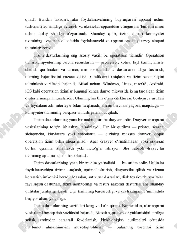 fsizligini ta’minlash vazifasini bajaradi. misol uchun, windows, linux, macos, android, ios kabi operatsion tizimlar bugungi kunda dunyo miqyosida keng tarqalgan tizim dasturlarining namunalaridir. ularning har biri o‘z arxitekturasi, boshqaruv usullari va foydalanuvchi interfeysi bilan farqlanadi, ammo barchasi yagona maqsadga — kompyuter tizimining barqaror ishlashiga xizmat qiladi. tizim dasturlarining yana bir muhim turi bu drayverlardir. drayverlar apparat vositalarining to‘g‘ri ishlashini ta’minlaydi. har bir qurilma — printer, skaner, sichqoncha, klaviatura yoki videokarta — o‘zining maxsus drayveri orqali operatsion tizim bilan aloqa qiladi. agar drayver o‘rnatilmagan yoki eskirgan bo‘lsa, qurilma ishlamaydi yoki noto‘g‘ri ishlaydi. shu sababli drayverlar tizimning ajralmas qismi hisoblanadi. tizim dasturlarining yana bir muhim yo‘nalishi — bu utilitalardir. utilitalar foydalanuvchiga tizimni saqlash, optimallashtirish, diagnostika qilish va xizmat ko‘rsatish imkonini beradi. masalan, antivirus dasturlari, disk tozalovchi vositalar, fayl siqish dasturlari, tizim monitoringi va resurs nazorati dasturlari ana shunday utilitalar jumlasiga kiradi. ular tizimning barqarorligi va xavfsizligini ta’minlashda beqiyos ahamiyatga ega. tizim dasturlarining …
