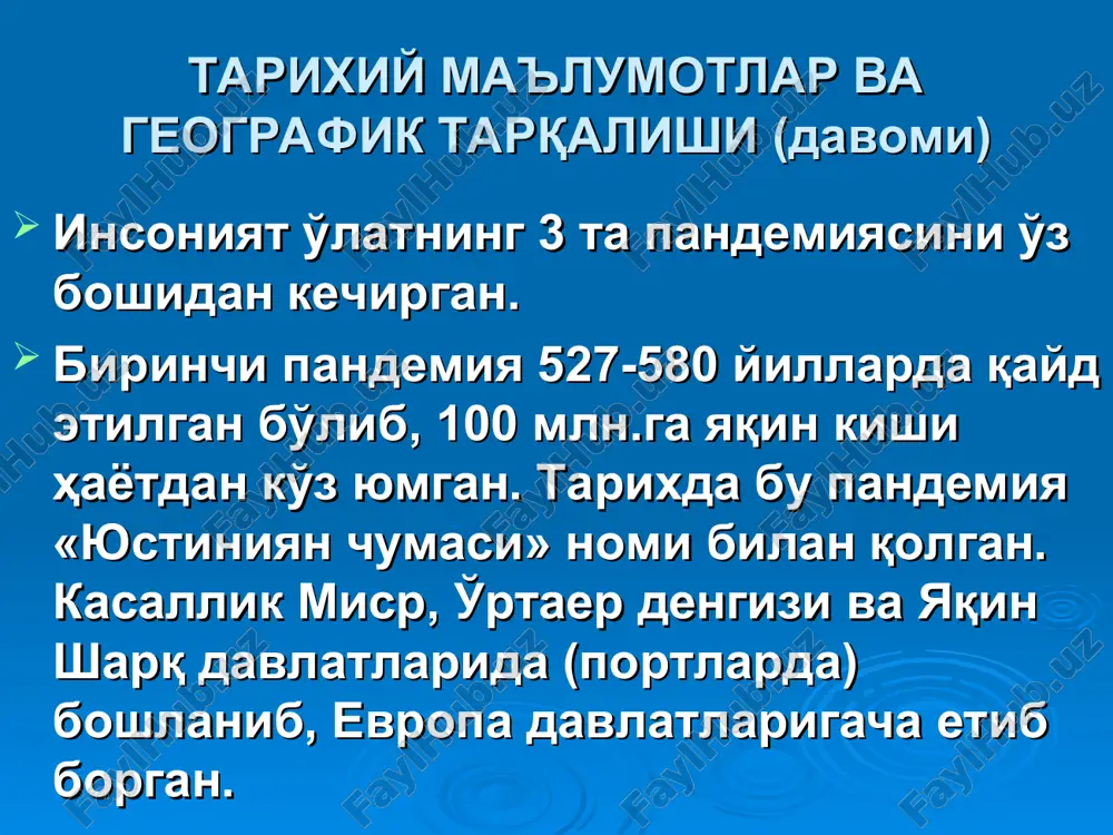 at tayoqchalari shunchalik tez sur'atda ko'payadiki, taxminan 3 haftadan so'ng, hazm qilish yo'li bundan tiqilib, o'ziga xos bakteriyali tiqin (probka) hosil qiladi, boshqacha aytganda, «o'lat bloki» deyiladi. burganing hazm qilish yo'li tiqilib qolishi natijasida, u navbatdagi sog'lom hayvonni chaqqanida qon oshqozonga o'tmaydi va qaytadan hayvon qon oqimiga tushadi, bu hayvonning zararlanishiga olib keladi. epizootologiyasi (davomi) burganing «yuqumliligi» bir oy davom etadi (ayrim ma'lumotlarga ko'ra bu davr bir yilgacha davom etishi mumkin). o'latning epizootiyasi asosan burgalar makonida davom etadi. burgalar o'ziga o'lat qo'zg'atuvchisini kemiruvchilardan, tuya va boshqa hayvonlardan yuqtirib oladi. kemiruvchilar, shuningdek, tuya va boshqa hayvonlar jasadini tark etgan burga, oziqlanish uchun boshqa tirik kemiruvchiga yoki hayvonga tashlanadi, odamga hujum qiladi va ularga o'lat kasalligini qo'zg'atuvchisini yuqtiradi. epidemiologiyasi epidemiologiyasi (davomi) respublikamiz hududida odamlar uchun o'lat kasalligining etakchi manbalari katta va kichik qumsichqonlar, yumronqoziq, sug'ur va tuyalar hisoblanadi. o'latning o'pka shakli, ayrim hollarda o'latning sepsis shakliga chalingan odamlar, kasallik qo'zg'atuvchisining xavfli manbai …