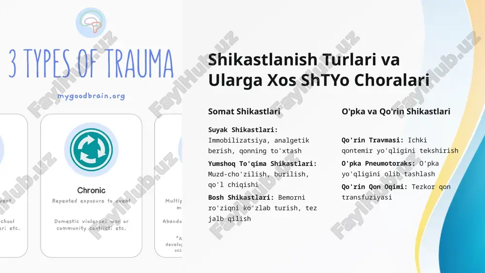 d ishlatish qonni to'xtash katta qon oqimini to'xtash uchun direkt bosim, turniketa yoki hemostatic gazlar ishlatish immobilizatsiya shikast bo'lgan uzunqo'l, buyinga yoki boshqa joylarni immobilizatory vositalar bilan birlashtirib qo'yish tashish sharoiti tekis yol tanlash, yuqumli emaslik, va tezlik hisobiga diqqat berish kerak kasalxonaga olib borish va bemorni qabul qilish travmatizatsiyangan bemor kasalxonaning tez tibbiy bo'limiga kelganda, u erda mahorat sohibi ko'p tabiblar ushbu bemorni qabul qiladilar va tezkor baholashadilar. qabul qilish jarayonida quyidagi ishlar bajariladi: 01 tez baholash (primary survey) bermor hayoti uchun muhim belgilarni tekshirish: undosh, nafas, puls, qon bosimi 02 ikkinchi darajali baholash (secondary survey) bosh dan oyoq gacha barcha jismiy shikastlarni aniq tekshirib, x-ray va boshqa shunga o'xshash tadqiqot buyurish 03 laboratoriya va diagnostika qon analizlari, koagulyatsiya testlari, qon guruhi aniqlash 04 tezkor konsultatsiya kerak bo'lsa, jarrah, nevrolog, nefrolog kabi mutaxassis shifokorlarni chaqirish jarrohlikgacha bo'lgan tayyorgarlik va shoshilinch operatsiyalar operatsiyaga tayyorgarlik travmatizatsiyangan bemorning anesteziyaga tayyor bo'lish uchun: …