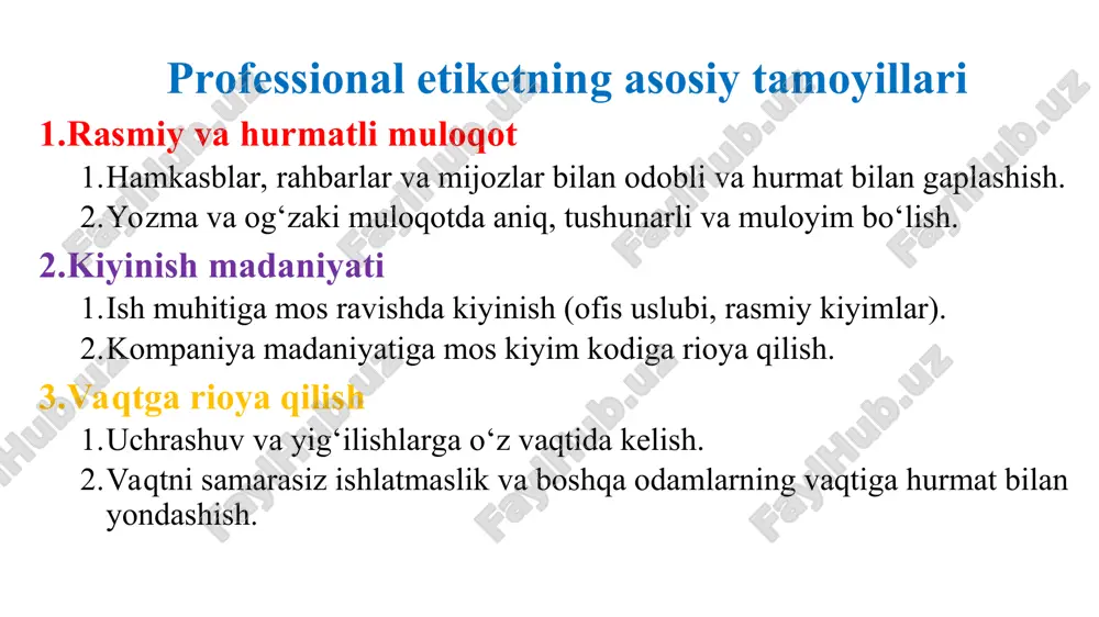 tda qisqartmalar, so‘z o‘yinlari va grammatik buzilishlar bilan ajralib turadi. xulosa professional etikada rasmiy va norasmiy muloqotning har ikkisi ham muhimdir. har bir vaziyatga qarab, to‘g‘ri uslub va odob qoidalariga rioya qilish zarur. ish muhitida rasmiy muloqot talab qilinsa, shaxsiy aloqalarda samimiy va norasmiy muloqot ustun bo‘ladi. yuqoridagi olimlar tadqiqotlari shuni ko‘rsatadiki, rasmiy va norasmiy muloqot odamning roli, jamiyat qoidalari va kommunikativ kompetensiyasiga bog‘liq. rasmiy muloqot tartibli va oldindan rejalashtirilgan bo‘lsa, norasmiy muloqot erkin va moslashuvchan shaklda bo‘ladi. mavzuni mustahkamlovchi savollar 1. kasbiy nutqda muloqotda qanday etika qoidalari mavjud? 2. muloqotda ishlatiladigan tildagi rasmiylik va informalizmning farqi nima? 3. kasbiy muloqotda ishonch va aniqlikni qanday ta’minlash mumkin? 4. muloqotda eshitish va tushunish o‘rtasidagi farq qanday? 5. rasmiy muloqot qanday holatlarda qo‘llaniladi? 6. norasmiy muloqotga misol keltiring va uning asosiy xususiyatlarini tushuntiring. 7. rasmiy muloqotning asosiy odob qoidalari nimalardan iborat?norasmiy muloqotda hurmat saqlash nega muhim? 8. rasmiy va norasmiy muloqotning asosiy …