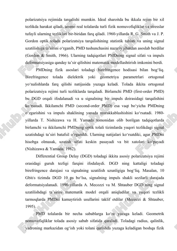 a. pmdni o‘lchashning bir necha asosiy usullari mavjud. interferometriya usuli signalning ikki polarizatsiya rejimi orasidagi vaqt farqini aniqlash imkonini beradi. stokes parametrlariga asoslangan usullar signalning polarizatsiya holatini o‘lchash va dgd ni hisoblashga yordam beradi. jones matritsa asosidagi metodlar esa tolada tarqalish va birefringence darajasini matematik tarzda ifodalash imkonini beradi. 1990-yillarda c. headley va r. m. derosier pmd o‘lchash metodlarini rivojlantirib, yuqori tezlikli tarmoqlarda real vaqt monitoringini amalga oshirishga imkon yaratdilar (headley & derosier, 1998). pmdning ilmiy tahlili ko‘plab tadqiqotlar va statistik modellashtirishga asoslangan. toladagi birefringence va dgd statistik taqsimotlari maxwellian yoki gaussian taqsimotlari yordamida ifodalanadi. bu modellar tolali tarmoqlarda pmdning kutilayotgan ta’sirini prognoz qilish imkonini beradi. 2010-yillarda p. johannisson va x. sun pmd statistik modellarini yanada rivojlantirib, yuqori tezlikdagi tizimlarda signal uzatilishdagi xatoliklarni kamaytirish bo‘yicha takliflar berdilar (johannisson & sun, 2012). shuningdek, pmd vaqt bo‘yicha o‘zgaruvchan hodisa bo‘lgani uchun, uning dinamik monitoringi va real vaqt kompensatsiya usullari tizimlarning yuqori tezlikda …