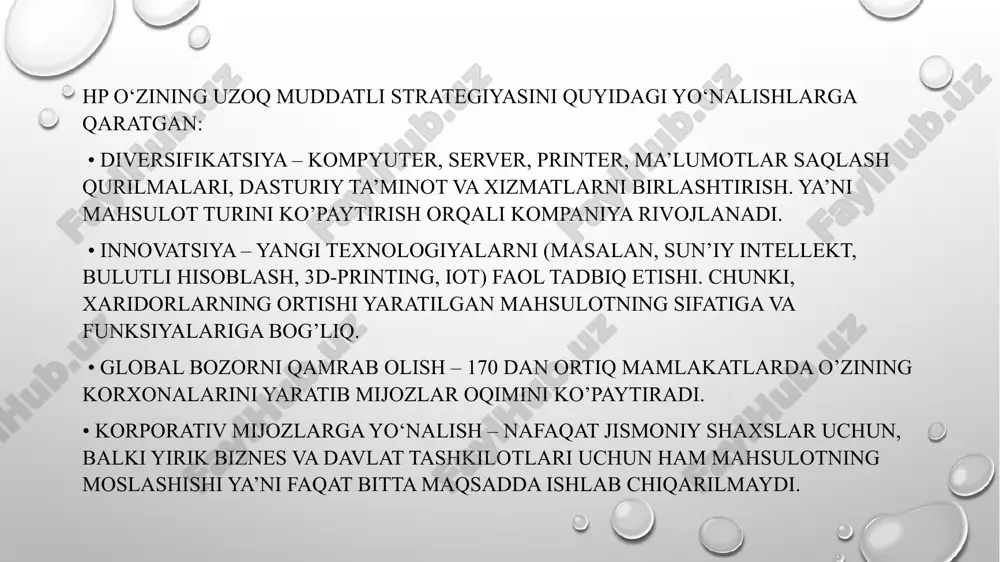 estitsiyalar va kreditlar xavfi raqobat sharoitida foydani maksimallashtirish usullari doimiy investitsiyalar: hp texnologik trendlar oldida bo‘lish va yangi funksiyalar hamda texnologiyalarga ega ilg‘or mahsulotlar yaratish uchun ilmiy-tadqiqot va ishlanmalarga katta sarmoya kiritadi. sifat obro‘si: hp brendi ko‘p yillardan beri innovatsiya, unumdorlik va ishonchlilik bilan sinonim bo‘lib kelmoqda. bu esa iste’molchilar va korxonalar orasida ishonchni mustahkamladi. barqaror rivojlanish: ekologik toza va barqaror mahsulotlarga investitsiyalar mijozlar xarid qarorlariga tobora ko‘proq ta’sir qilmoqda. bu hpga mijozlarni jalb etish va barqarorlik tashabbuslari orqali sotuv hajmini oshirish imkonini bermoqda. turli mahsulot portfeli: hp shaxsiy kompyuterlar va printer yechimlarini o‘z ichiga olgan keng mahsulot portfeli orqali turli mijoz segmentlari va bozorlarni qamrab oladi, bu esa umumiy mijoz bazasini kengaytiradi. talab kam bo’lgan tovarlarni kamroq ishlab chiqarib talab ko’p bo’lgan tovarlarni ko’proq ishlab chiqarib bozor muvozanatiga erishadi va shu tariqa barcha tovarlarga bo’lgan talabni me’yorga keltiradi. hp kompaniyasi qaysi bozorda harakat qiladi hp shaxsiy kompyuterlar kabi mahsulotlar …