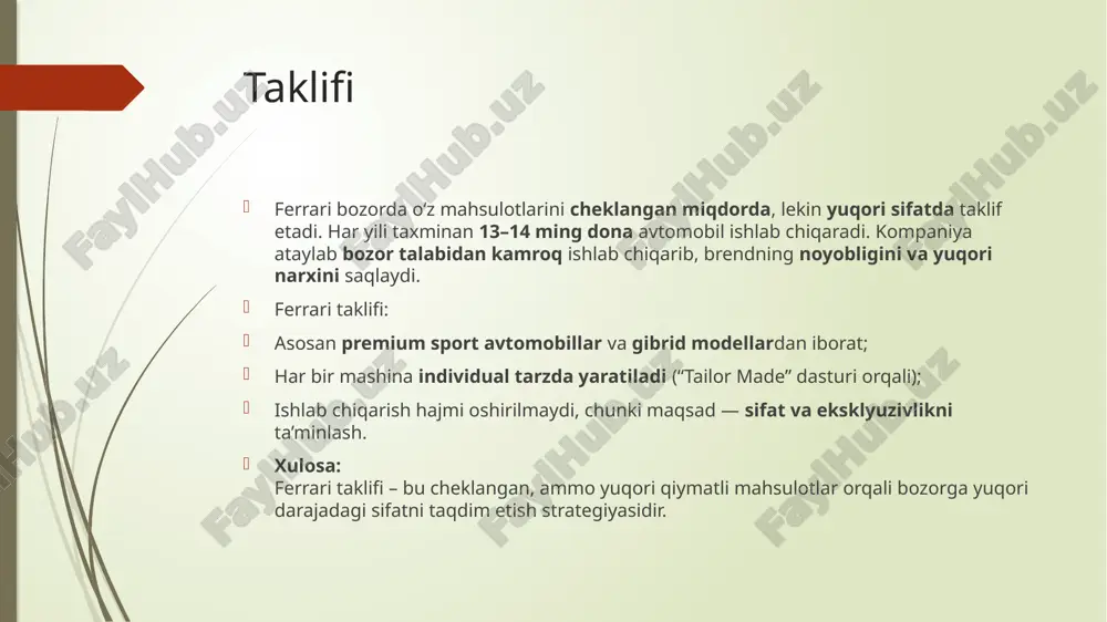 a foydani maksimallashtirish — bu korxonaning xarajatlarni kamaytirib, eng yuqori daromad olish strategiyasidir. ferrari kompaniyasi oligopolistik bozorda faoliyat yuritadi va foydasini oshirish uchun sifat, innovatsiya va premium narx siyosatiga tayanadi. u “kam ishlab chiq, lekin qimmat sot” tamoyiliga amal qiladi. ferrari har yili 14 mingga yaqin avtomobil ishlab chiqarib, 2024 yilda 5,97 milliard yevro daromad va 1,888 milliard yevro foydaga erishgan. xulosa: ferrari ko‘p ishlab chiqishdan ko‘ra, har bir mahsulotdan yuqori foyda olish orqali raqobat sharoitida yetakchiligini saqlab qolmoqda. tavakkalchilikni pasaytirish yo’llari tavakkalchilikni pasaytirish — bu korxona faoliyatida yuzaga kelishi mumkin bo‘lgan xavf va yo‘qotishlarni kamaytirish jarayonidir. maqsad – barqarorlikni ta’minlash va moliyaviy yo‘qotishlarning oldini olish. ferrari bu yo‘nalishda bir nechta usullardan foydalanadi: mahsulot diversifikatsiyasi – yangi modellar, gibrid va elektr avtomobillar ishlab chiqish. bozorlarni kengaytirish – yevropa, aqsh va osiyo bozorlarida bir vaqtning o‘zida faoliyat yuritish. sug‘urta tizimi – ishlab chiqarish va transportdagi moliyaviy xavflarni sug‘urta orqali kamaytirish. moliyaviy …