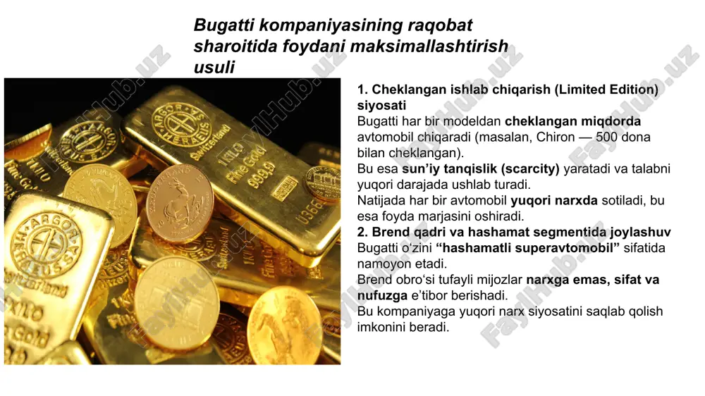 mentation model) turli mijoz guruhlariga turlicha qiymat yaratish boy mijozlar, kolleksionerlar, sport yulduzlari uchun alohida dizayn va xizmat 4 talab bashorati modeli (demand forecasting) bozor tahlili orqali oldindan qancha mashina kerakligini aniqlash har modelni chiqarishdan avval buyurtmalar soni hisobga olinadi 5 innovatsiya asosidagi muvozanat (innovation-based equilibrium) har safar yangi texnologiyalar bilan raqobatni muvozanatda ushlash yangi chiron, mistral modellari orqali talabni yangilab turadi 6 narx va imij muvozanati modeli narx va brend qadri o‘rtasidagi balansni saqlash narx pastlasa — imij zarar ko‘radi, shuning uchun narxni barqaror tutadi 7 cheklangan tarqatish modeli (exclusive distribution) faqat tanlangan dilerlar orqali sotish har mamlakatda 1–2 ta rasmiy diler 8 buyurtmaga asoslangan ishlab chiqarish modeli (made-to-order) har bir avtomobil mijoz buyurtmasiga qarab ishlab chiqiladi bu tizim ortiqcha ishlab chiqarishni oldini oladi 9 raqobat muvozanati modeli bozordagi raqobatchilar bilan narx va sifat jihatidan balans saqlash ferrari va lamborghini bilan narx va nufuz raqobati olib boradi 10 barqaror …