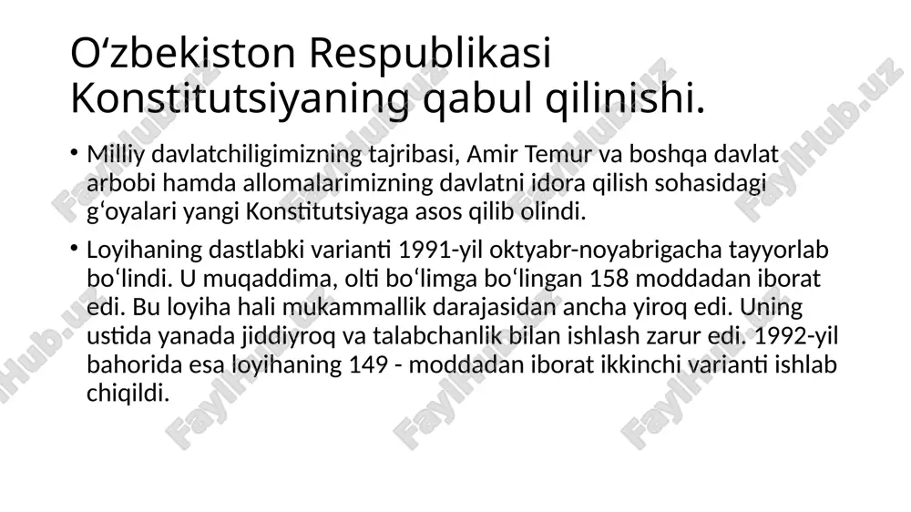 mexanizmini yaratish imkonini berdi. mustaqillik yillarida amalga oshirilgan ijtimoiy-iqtisodiy va siyosiy-huquqiy islohotlar tahlili o‘zbekiston tanlagan taraqqiyotning konstitutsiyaviy modeli to‘g‘riligidan dalolat beradi. o‘zbekiston respublikasi konstitutsiyaningtarixiy ahamiyati. qonun ustunligi haqida fikr yuritganda, avval davlatni asosiy qonuni hisoblangag konstitusiyani ustuvorligini ta'minlash muhimdir. o'zbekiston respublikasini konstitusiyasini va huquqiy davlatni rivojini barpo etishda hal qiluvchi o'rin egallaydi. konstitusiya me'yorlari birlamchi hisoblanadi. birorta ham qonun yoki boshqa me'yoriy-huquqiy xujjat konstitusiya normalari va qoidalariga zid kelishi mumkin emas. konsititusion me'yorlar boshqa qonunlardan yuqori turadi. chunki davlani barcha joriy qonunlari va boshqa huquqiy xujjatlari konstitusiya qabul qilishda ob'ektiv va sub'ektiv, ichki va tashqi omillar birinchi o'rinda turadi. konstitutsiyaga kiritilgan o’zgarishlar. oʻzbekiston respublikasi konstitutsiyasiga hozirgi kunga qadar 14-marta oʻzgartirish va qoʻshimchalar kiritilgan. 1993-yil 28-dekabrda qabul qilingan qonun bilan konstitutsiyaning 77-moddasi 1-qismidagi „150 nafar deputatdan“ degan soʻzlar „deputatlardan“ degan soʻz bilan almashtirildi; 2002-yil 27-yanvarda oʻtkazilgan umumxalq referendumi natijalariga koʻra hamda uning asosida 2003-yil 24-aprelda qabul qilingan qonuniga muvofiq, konstitutsiyaning xviii, …