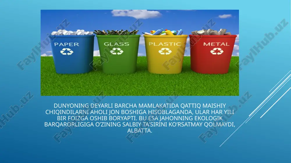 shga yordam beradi, bu esa barqaror rivojlanishga va "yashil" iqtisodiyotga hissa qo'shadi yurtimizda poligonlarda chiqindilar to‘planishining oldini olish, atrof-muhitga yetkazilayotgan salbiy taʼsirini minimallashtirish, chiqindilarni boshqarish, ularni qayta ishlash sohasini kompleks tizimlashtirish, muqobil energiya olish texnologiyalarini joriy etish va sohaning investitsion jozibadorligini yanada oshirish hamda investitsiyalarni keng jalb qilish masalalariga alohida e’tibor qaratilmoqda. xususan, 2025-yil 24-mart kuni o‘zbekiston respublikasi prezidentining “chiqindilarni qayta ishlash sohasini yanada takomillashtirish hamda kompleks tizimlashtirish chora-tadbirlari to‘g‘risida” gi 56-son farmoni qabul qilindi. unga ko‘ra, respublikada chiqindilarni qayta ishlash sohasidagi quyidagi asosiy yo‘nalishlar belgilandi: — mavjud qattiq maishiy chiqindi poligonlarini 2030-yilgacha 50 foizga qisqartirish; — yangidan hosil bo‘layotgan chiqindilarni poligonlarga yo‘naltirmasdan, maksimal darajada qayta ishlash yoki kuydirish, sohaga sirkulyar iqtisodiyot amaliyotini joriy qilish; — “nol chiqindi” tizimi doirasida maishiy chiqindilarni shaharlardan olib chiqish, qayta ishlash va ulardan ekologik toza energiya va boshqa mahsulot ishlab chiqarishga ixtisoslashgan zonalarni tashkil etish. ekologik afzalliklari: tabiiy resurslarni saqlash: qayta ishlash xom-ashyo (daraxt, …